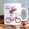 Auf dem Bild ist das Produkt: Anpassbare Tasse Einschulung Mädchen auf dem Fahrrad Wunschname Ab heute bin ich ein Schulkind Geschenk Schulanfang Schulranzen Zuckertüte zum Preis von €18.9 abgebildet.