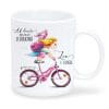 Auf dem Bild ist das Produkt: Anpassbare Tasse Einschulung Mädchen auf dem Fahrrad Wunschname Ab heute bin ich ein Schulkind Geschenk Schulanfang Schulranzen Zuckertüte zum Preis von €18.9 abgebildet.
