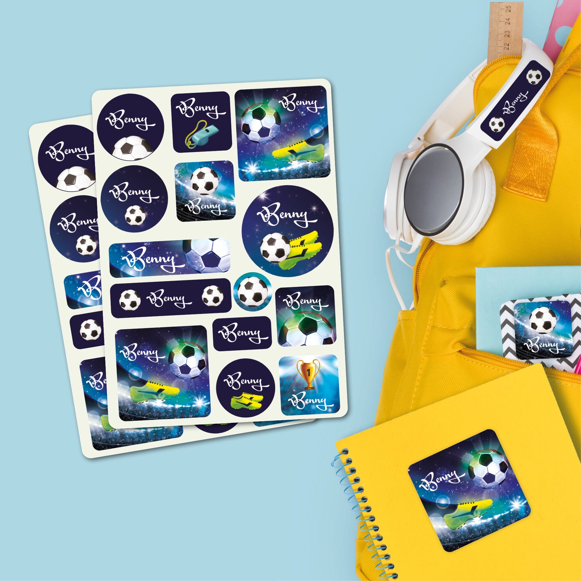 Namensaufkleber Sticker Fußball blau Wunschname Set Aufkleber Fussball Schule Kindergarten Aufkleberset Name Einschulung Bücheraufkleber