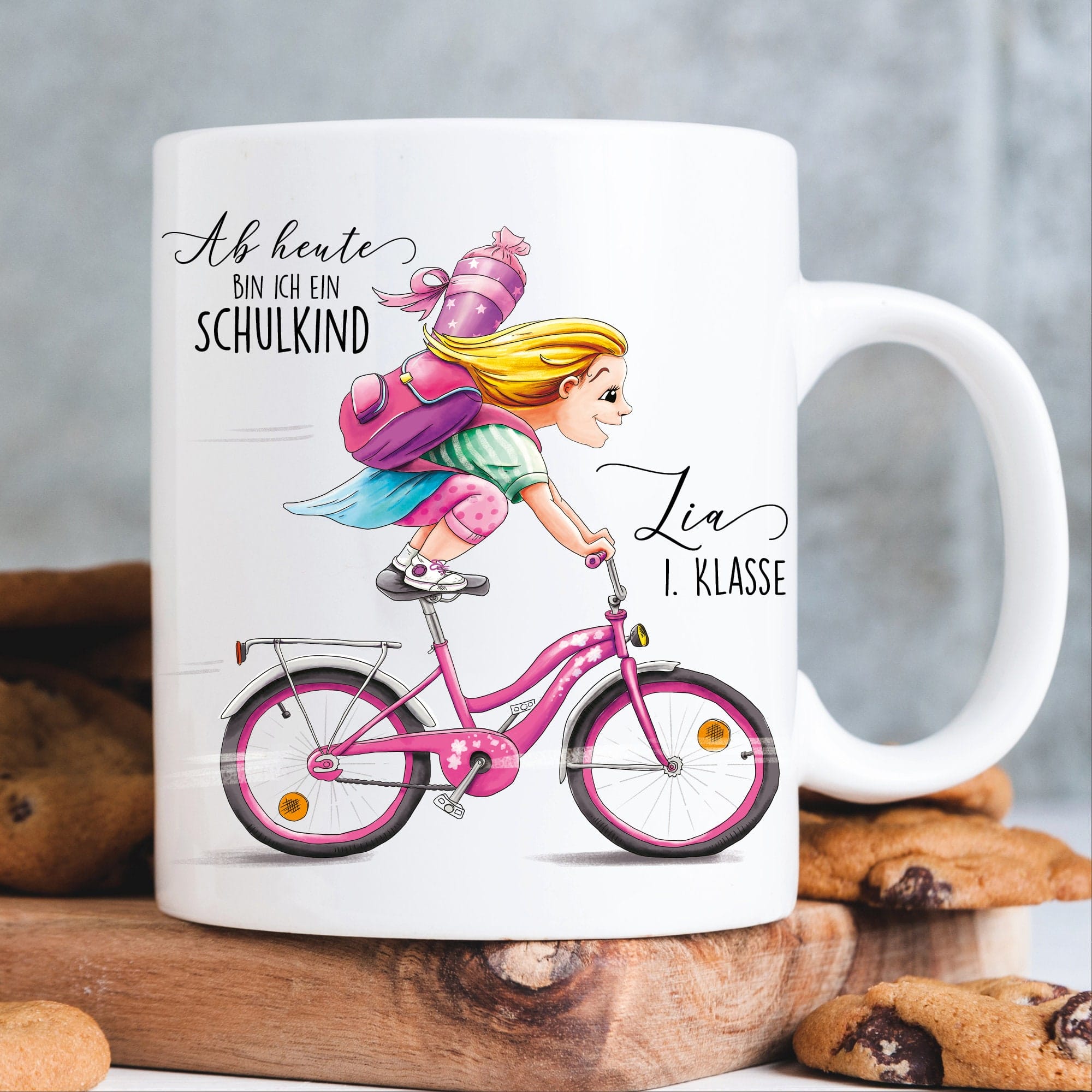 Anpassbare Tasse Einschulung Mädchen auf dem Fahrrad Wunschname Ab heute bin ich ein Schulkind Geschenk Schulanfang Schulranzen Zuckertüte