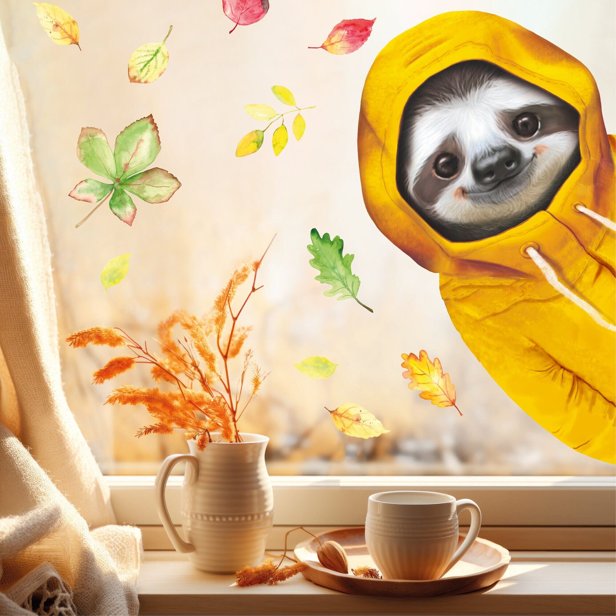Fensterbild reinschauendes Faultier mit gelber Regenjacke bunte Blätter Herbst herbstlicher Fensteraufkleber Fensterdeko Herbstdeko