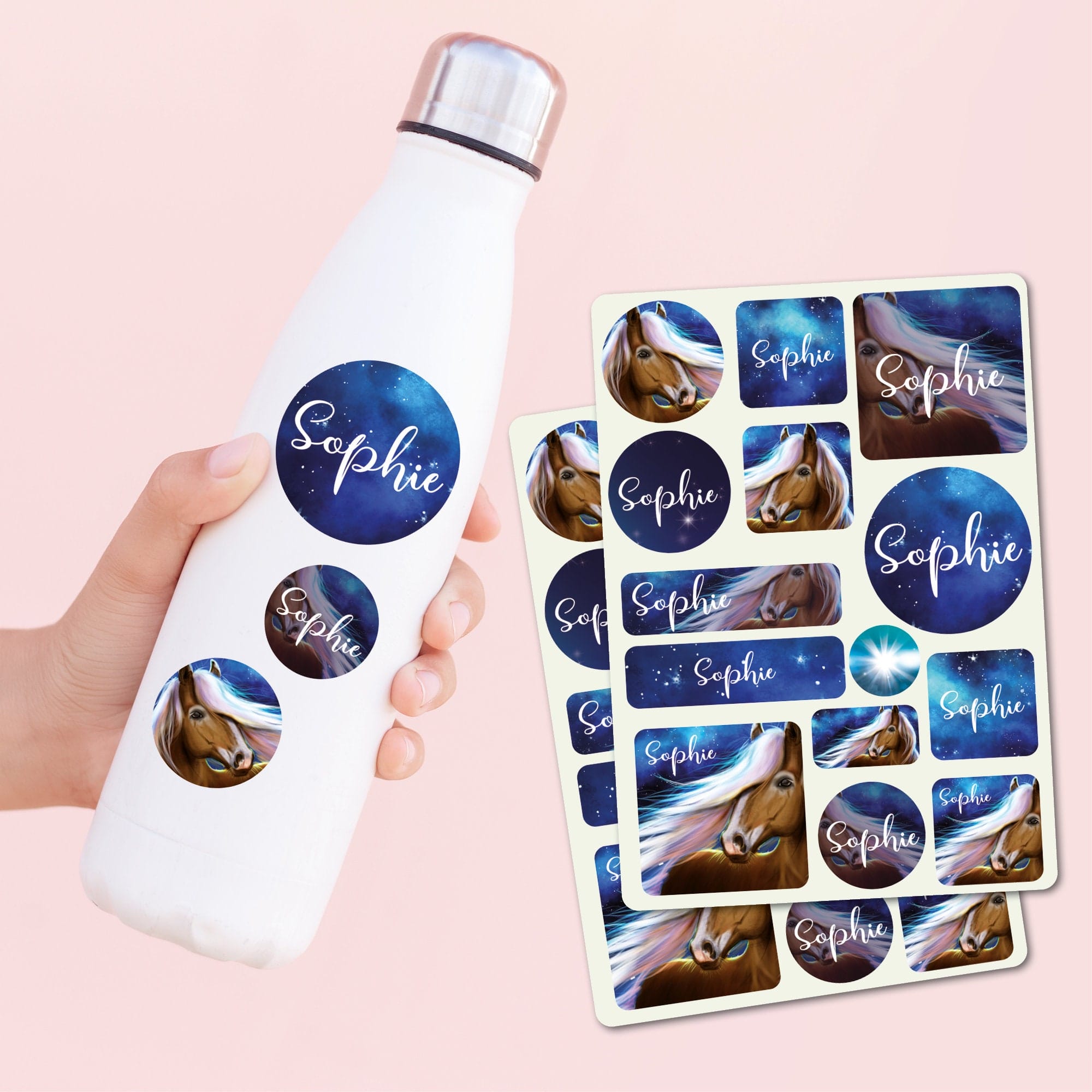 Namensaufkleber Sticker Pferd Set Aufkleber blaue Pferde Kinderzimmer Möbelaufkleber Aufkleberset Wunschname Einschulung