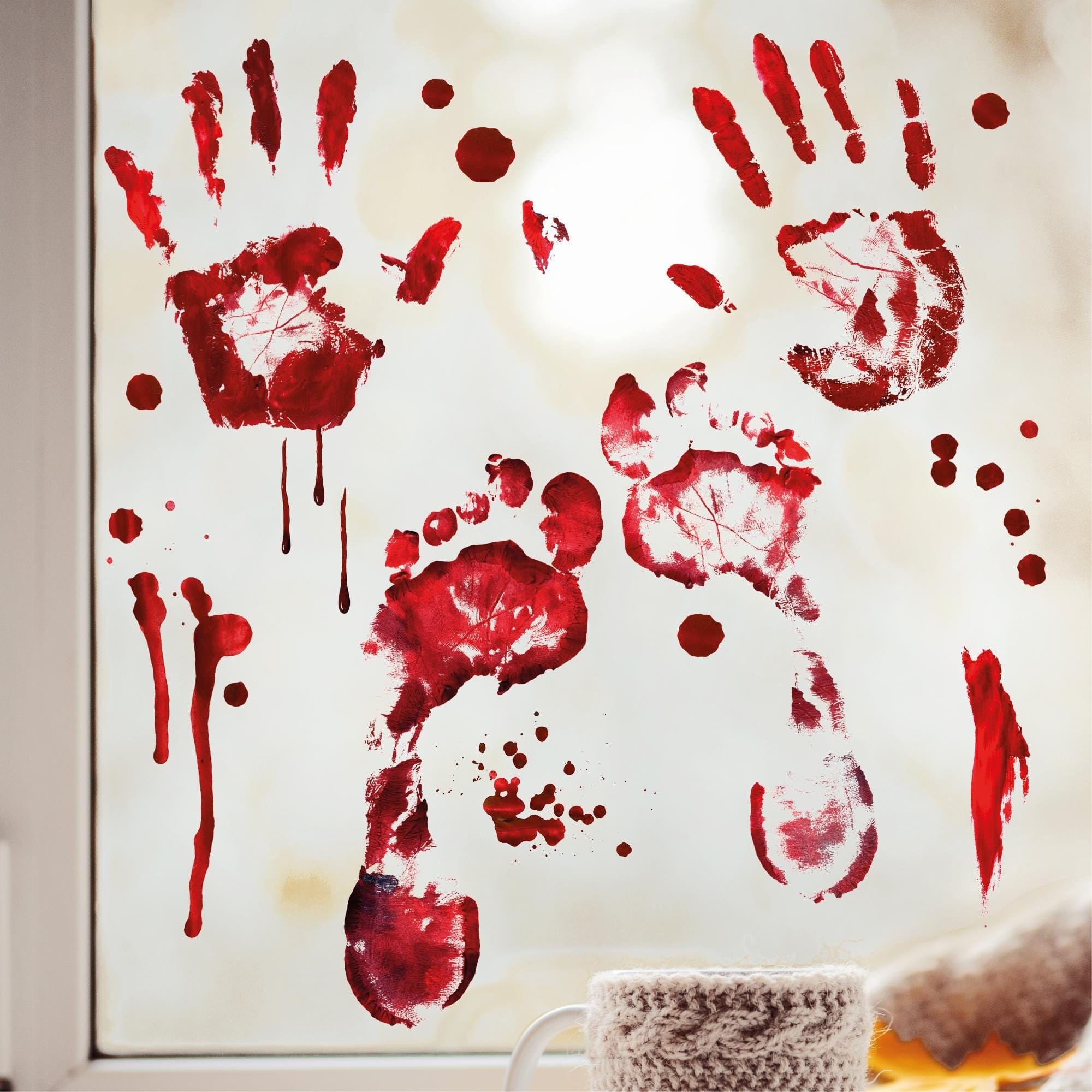 Fensterbild Halloween Blutflecke blutige Handabdrücke Fußabdrücke Fensterdeko Wohnzimmer Fensterfolie Fensterdekoration