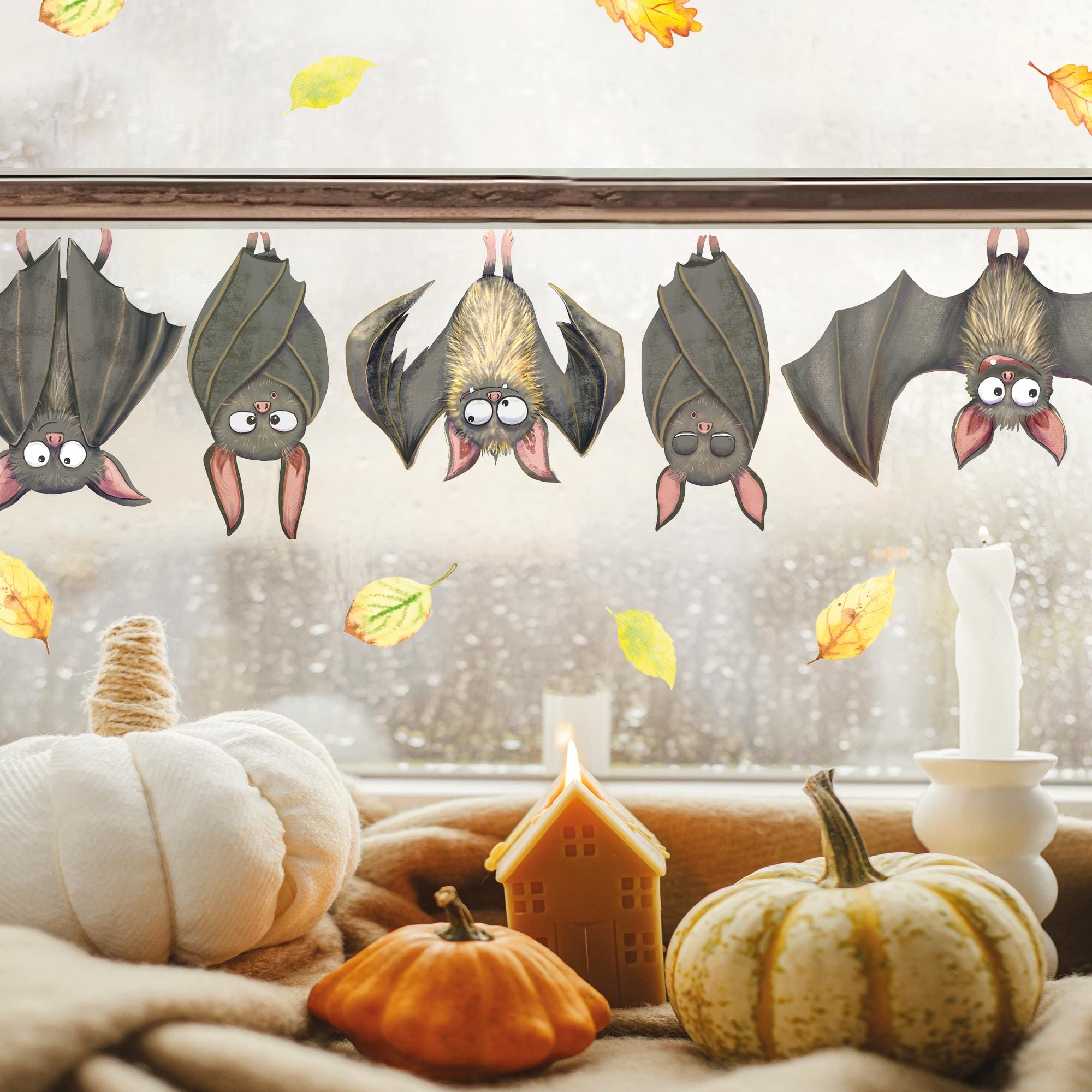 Fensterbild Herbst Fledermäuse herunterhängend Halloween Blätter Fensterdeko Kinderzimmer Fensterfolie Fensterdekoration