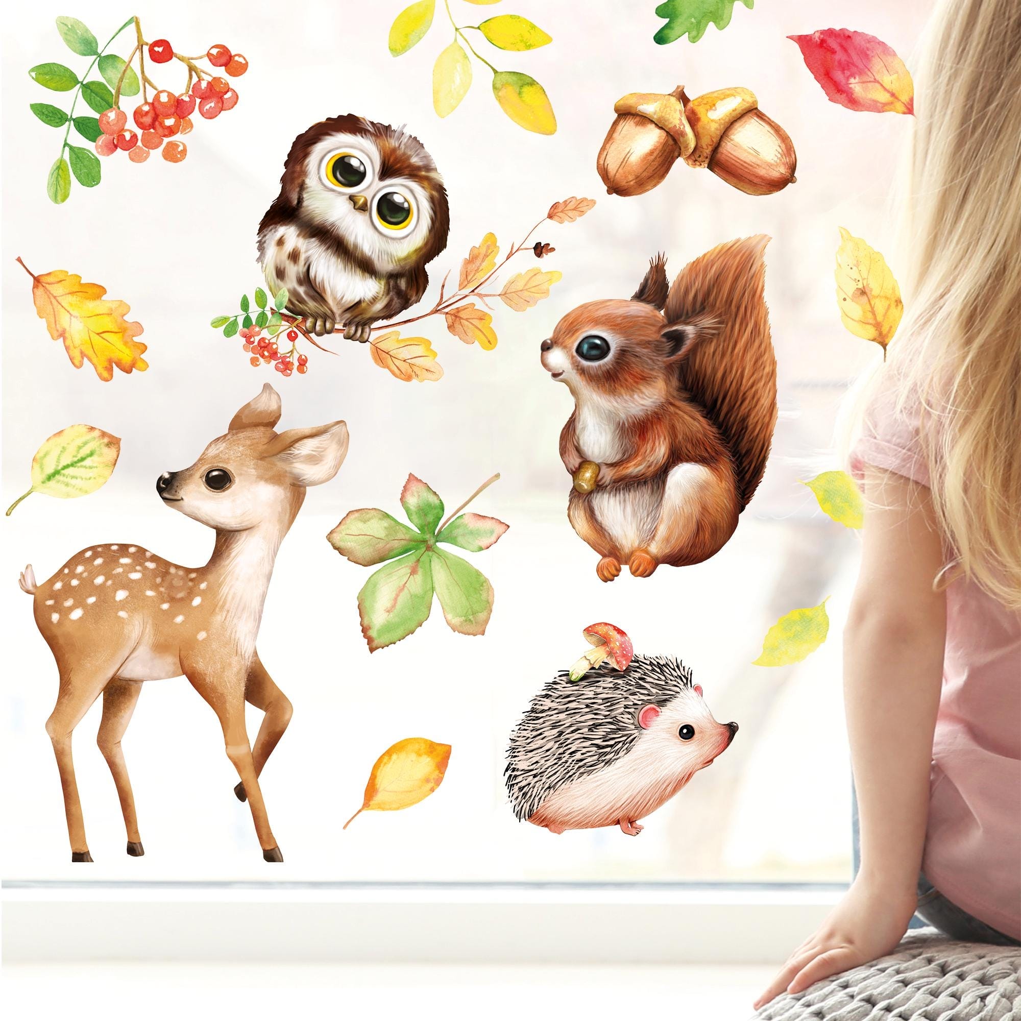 Fensteraufkleber Herbsttiere Set Rehkitz Eule Eichhörnchen Igel Blätter Eichel herbstlicher Fensteraufkleber Fensterdeko