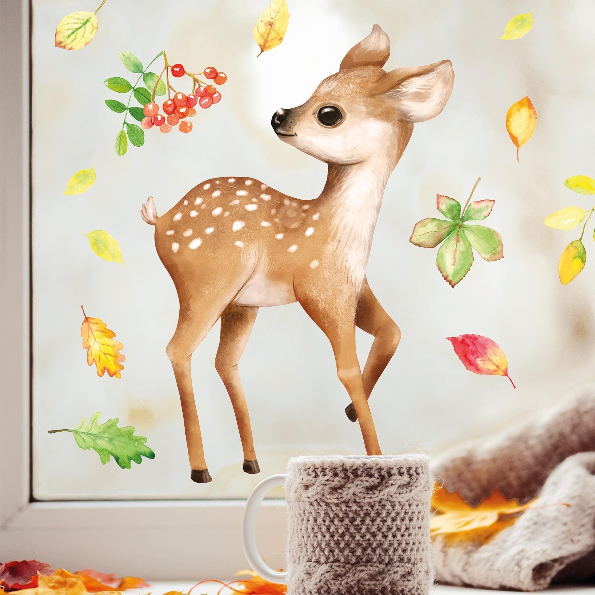 Fensteraufkleber Herbst Rehkitz Reh Waldtier Blätter herbstlicher Fensteraufkleber Fensterdeko