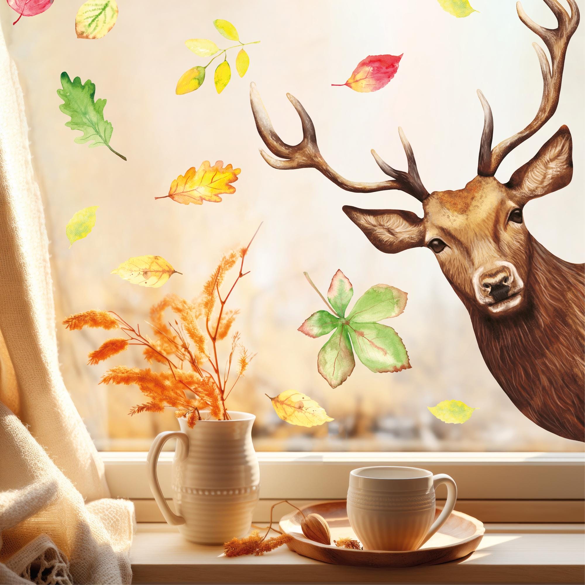 Fensterbild reinschauender Hirsch Rotwild Wild bunte Blätter Herbst herbstlicher Fensteraufkleber Fensterdeko Herbstdeko