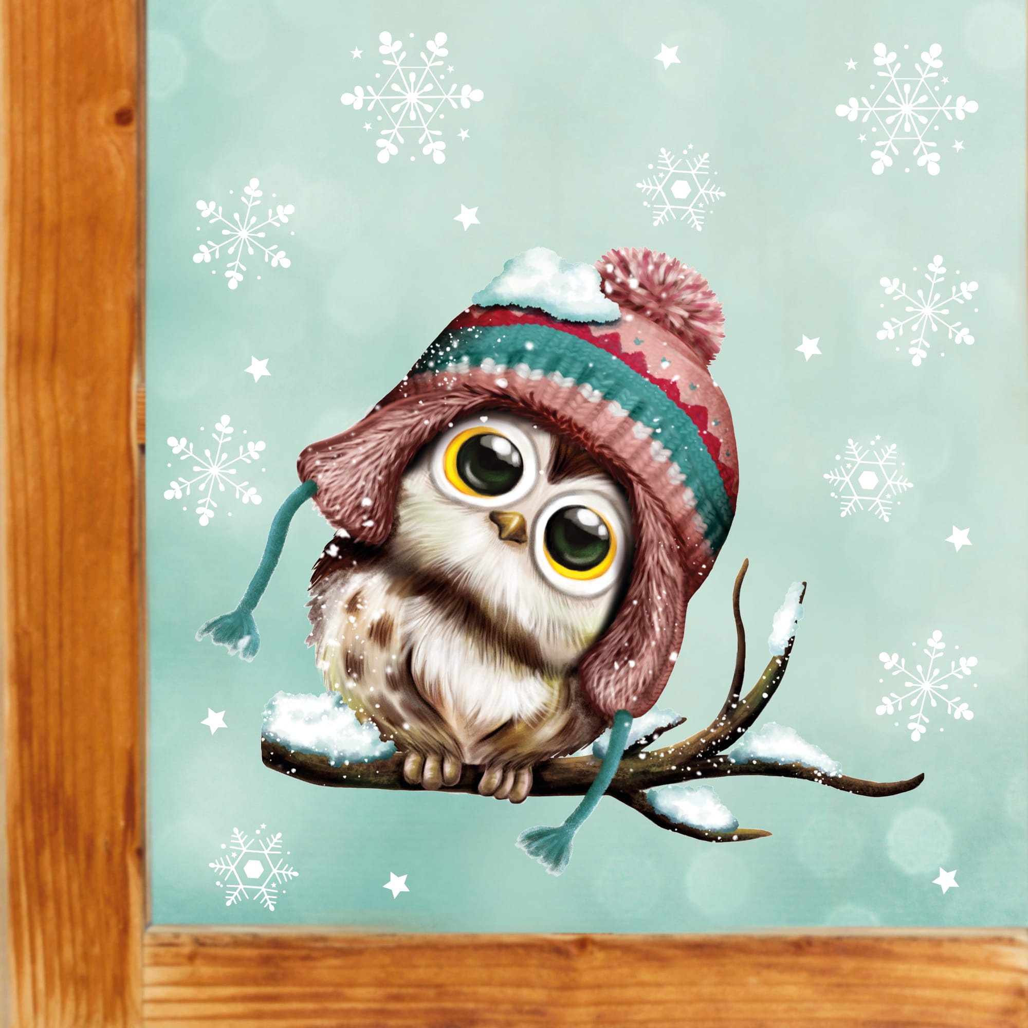Auf dem Bild ist das Produkt: Fensterbild Weihnachten Winter Eule Mütze Schneeflocken Sterne Fensterdeko Kinder wiederverwendbar zum Preis von €13.90 abgebildet.
