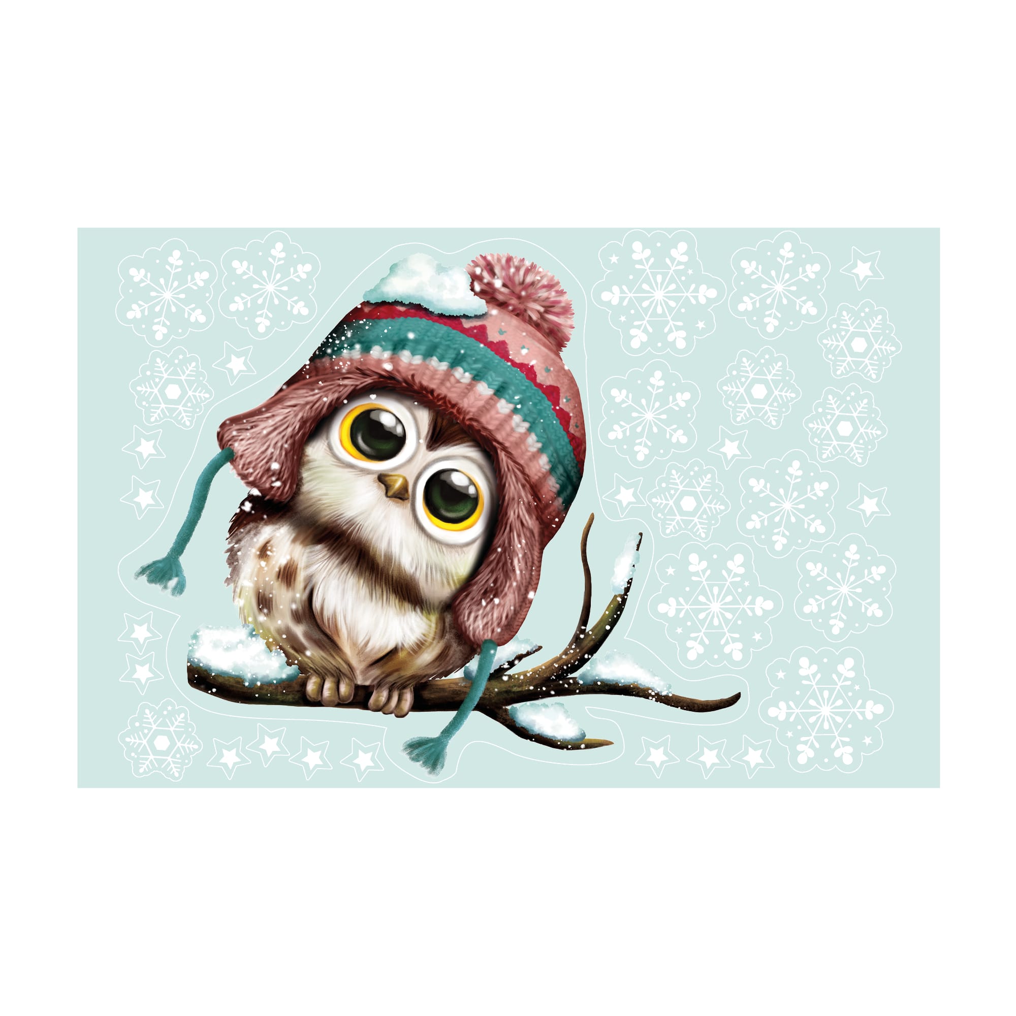 Auf dem Bild ist das Produkt: Fensterbild Weihnachten Winter Eule Mütze Schneeflocken Sterne Fensterdeko Kinder wiederverwendbar zum Preis von €13.90 abgebildet.