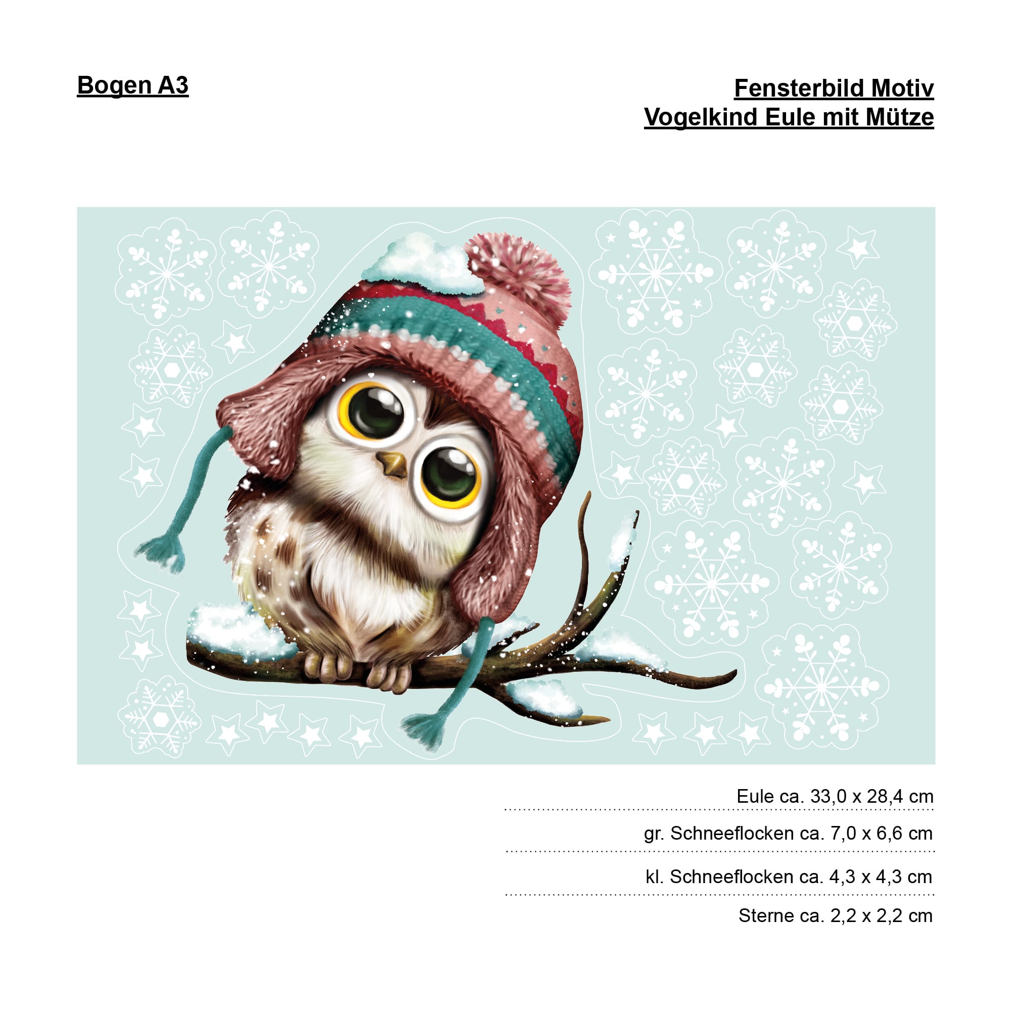 Auf dem Bild ist das Produkt: Fensterbild Weihnachten Winter Eule Mütze Schneeflocken Sterne Fensterdeko Kinder wiederverwendbar zum Preis von €13.90 abgebildet.