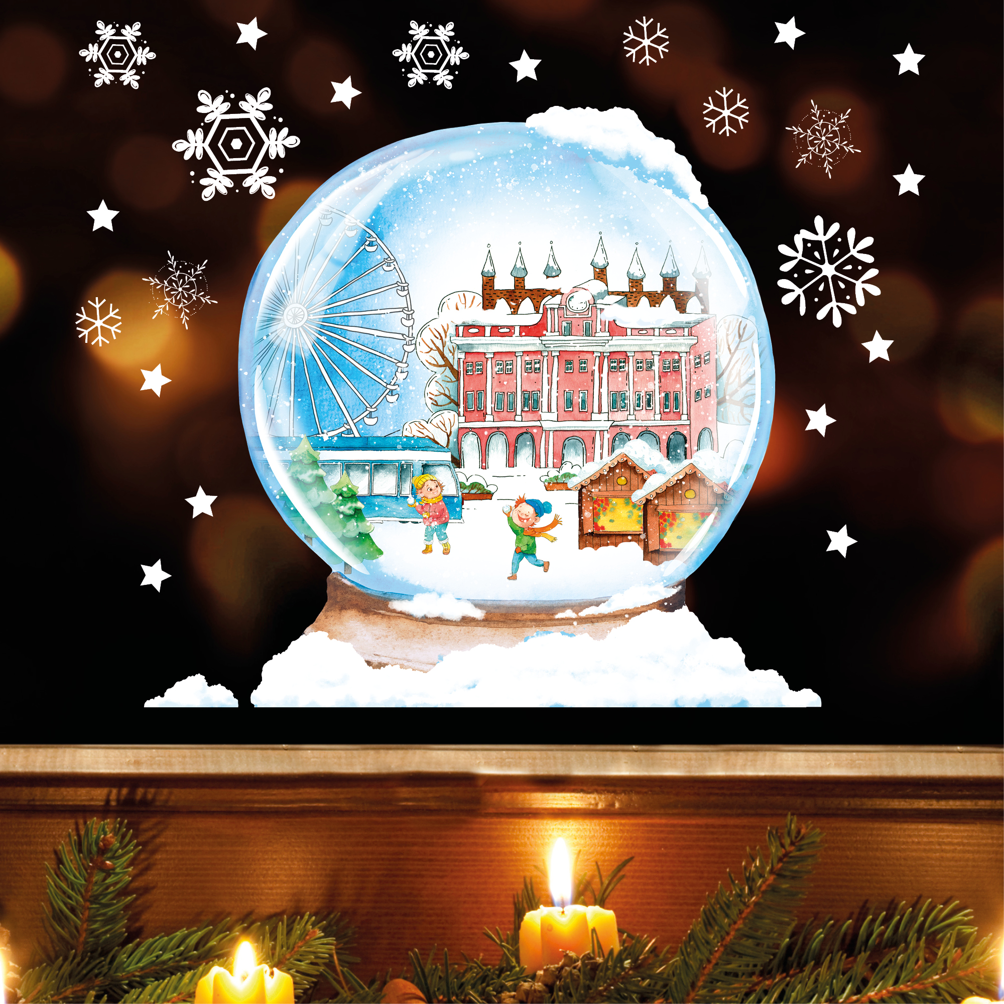 Wiederverwendbares Fensterbild Weihnachten Winter Schneekugel Rostocker Rathaus Fensterdekoration Stadtbild