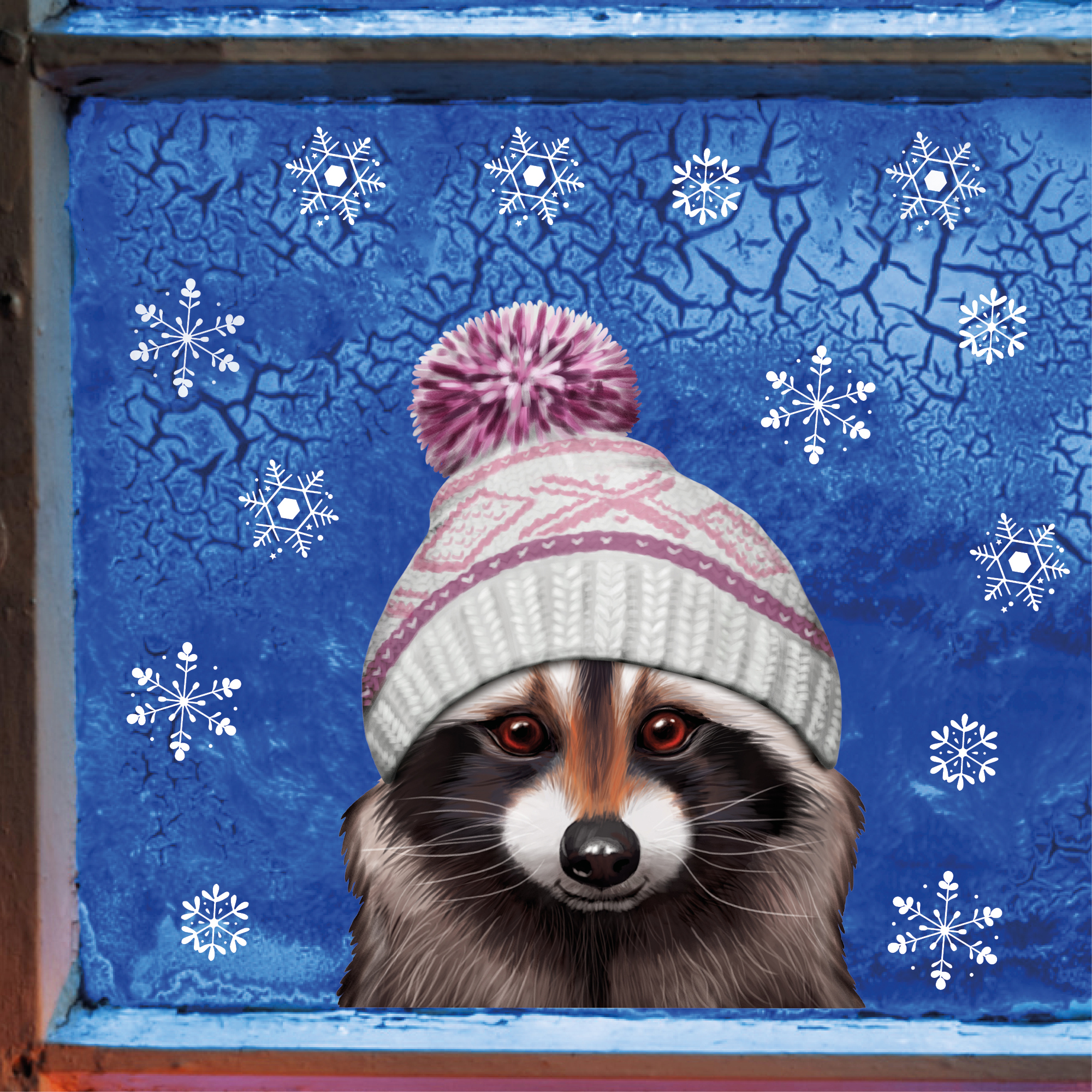 Auf dem Bild ist das Produkt: Fensterbild Tierköpfe mit Mütze Winter winterlicher herbstlicher Fensteraufkleber Fensterdeko wiederverwendbar zum Preis von €13.90 abgebildet.