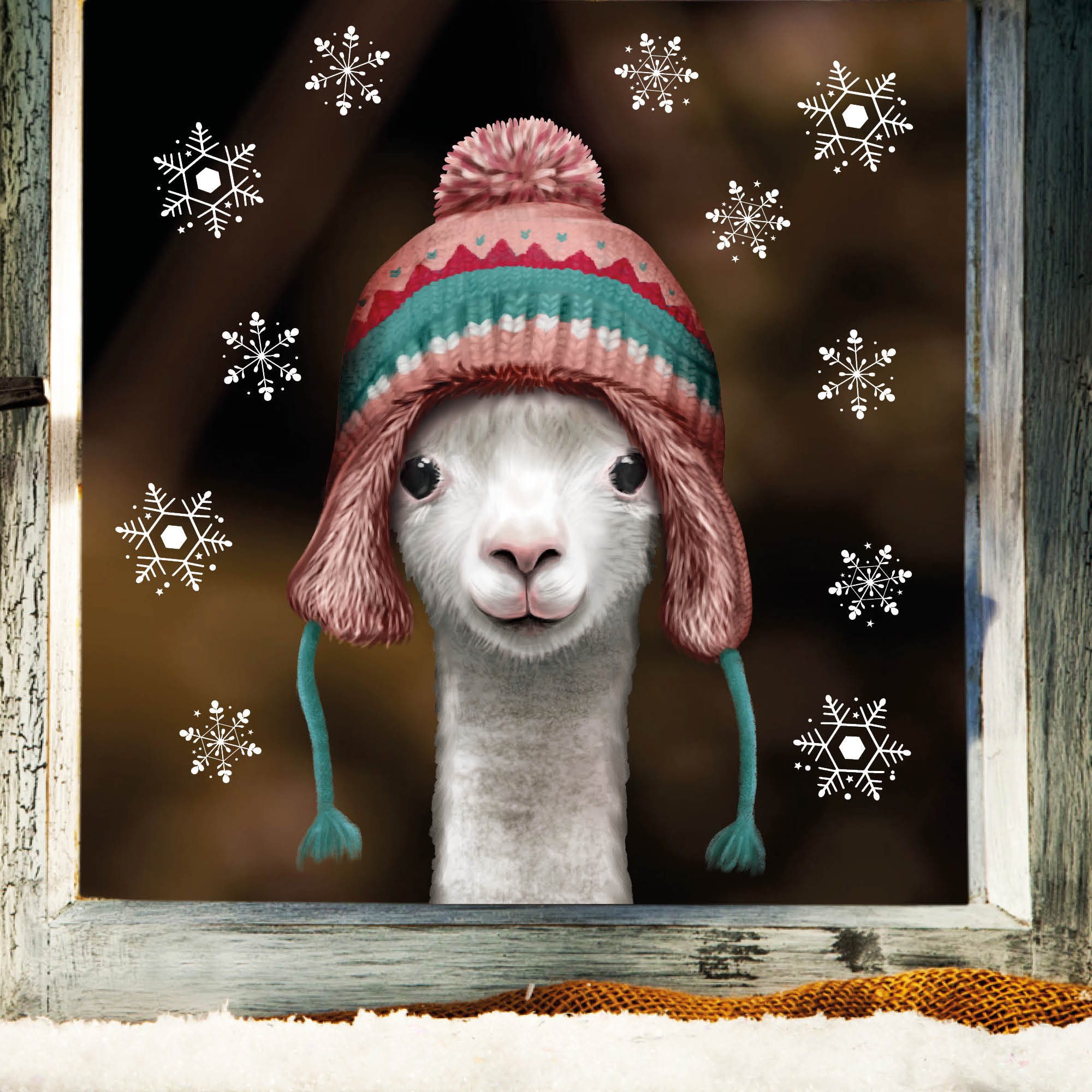 Auf dem Bild ist das Produkt: Fensterbild Tierköpfe mit Mütze Winter winterlicher herbstlicher Fensteraufkleber Fensterdeko wiederverwendbar zum Preis von €13.90 abgebildet.