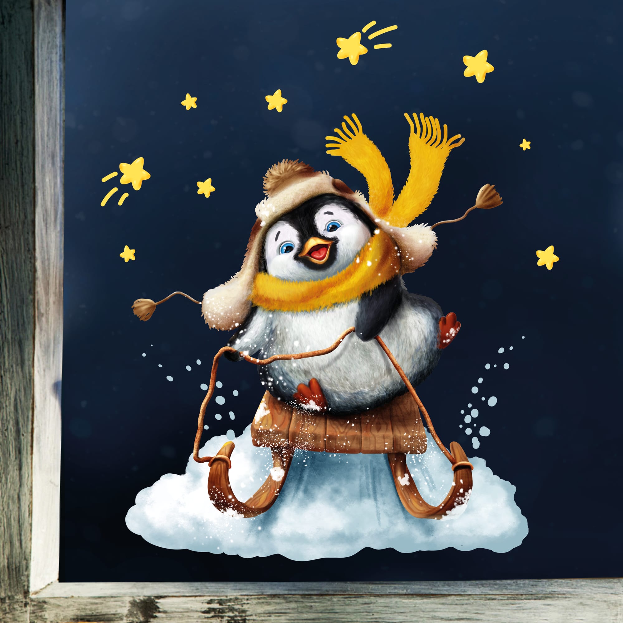 Auf dem Bild ist das Produkt: Fensterbild Weihnachten Winter Pinguin Schlitten Sterne Fensterdeko Kinder, Weihnachtsdekoration zum Preis von €13.90 abgebildet.