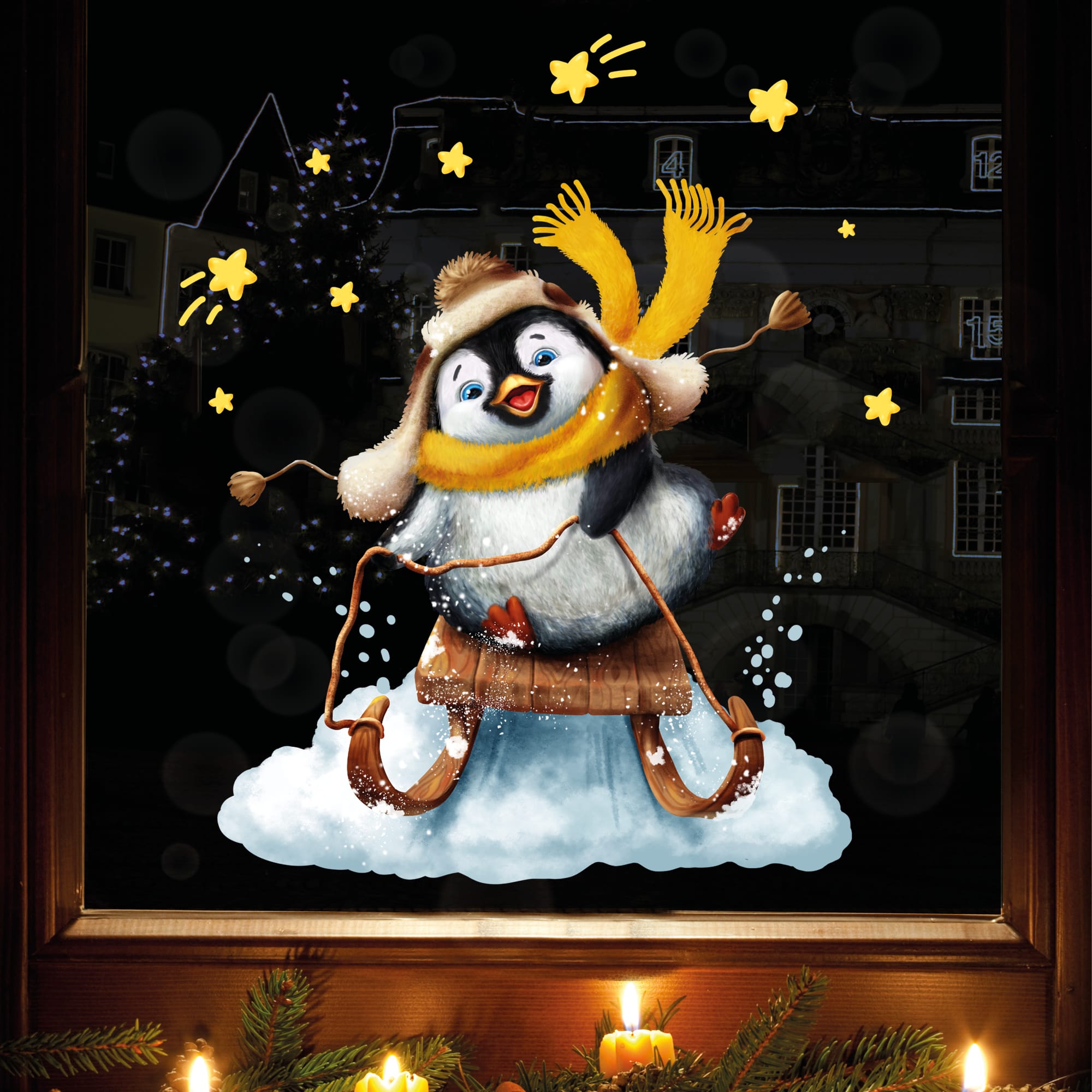Auf dem Bild ist das Produkt: Fensterbild Weihnachten Winter Pinguin Schlitten Sterne Fensterdeko Kinder, Weihnachtsdekoration zum Preis von €13.90 abgebildet.