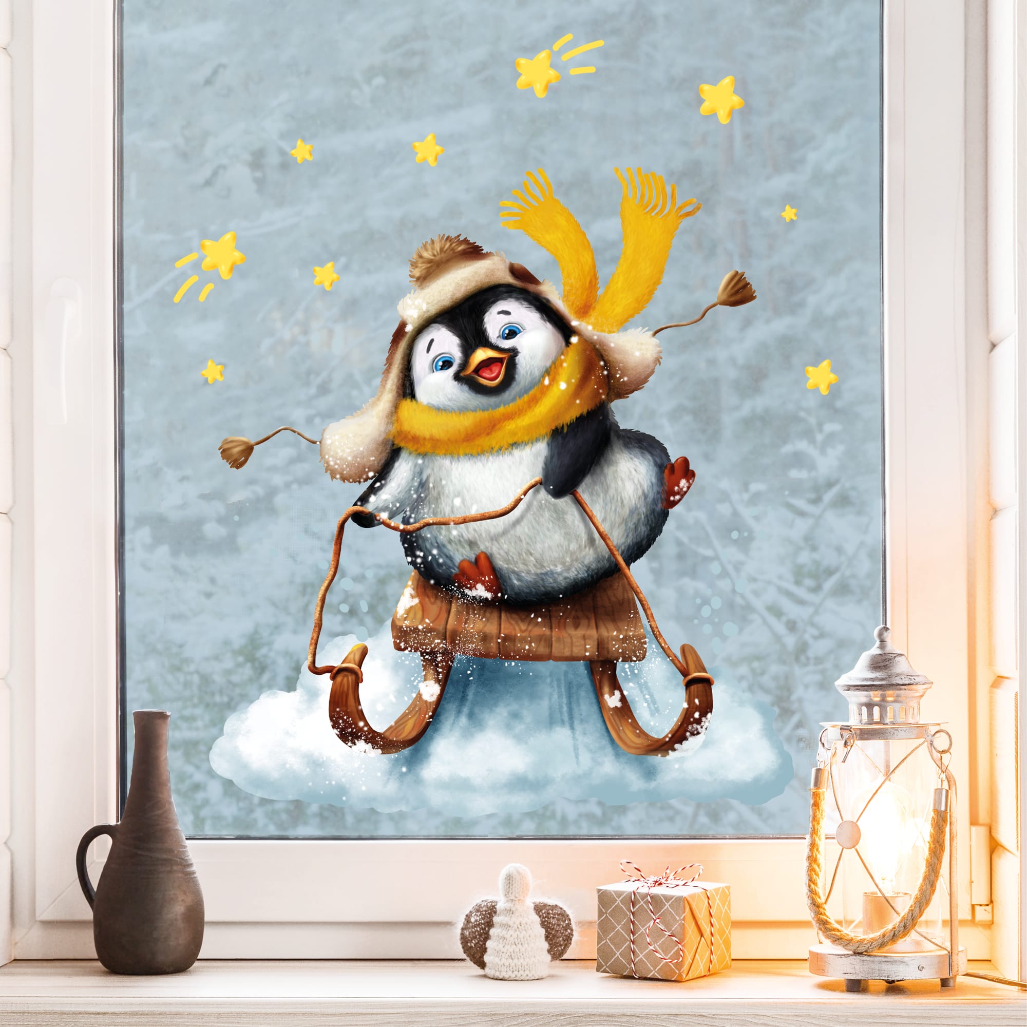 Auf dem Bild ist das Produkt: Fensterbild Weihnachten Winter Pinguin Schlitten Sterne Fensterdeko Kinder, Weihnachtsdekoration zum Preis von €13.90 abgebildet.