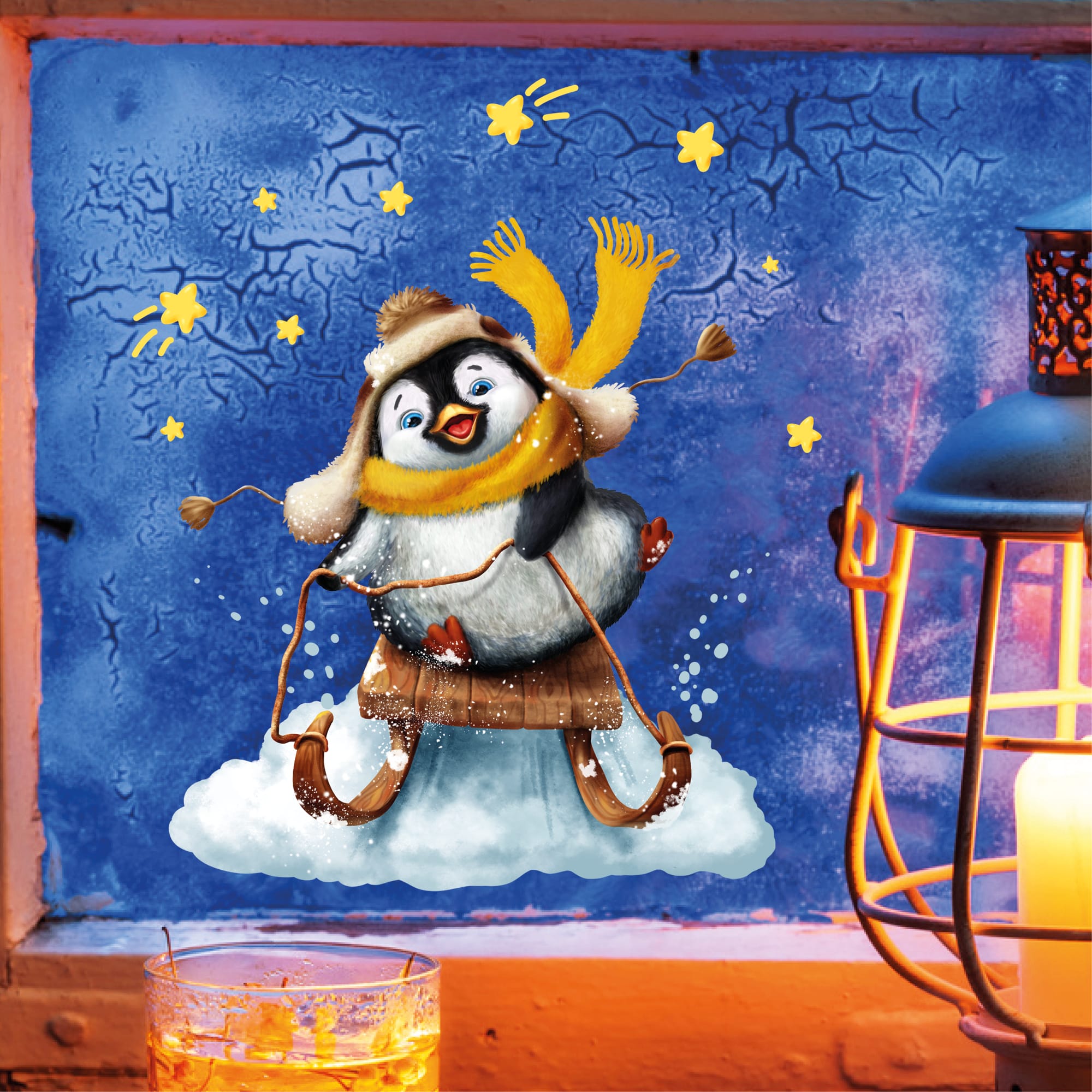 Auf dem Bild ist das Produkt: Fensterbild Weihnachten Winter Pinguin Schlitten Sterne Fensterdeko Kinder, Weihnachtsdekoration zum Preis von €13.90 abgebildet.
