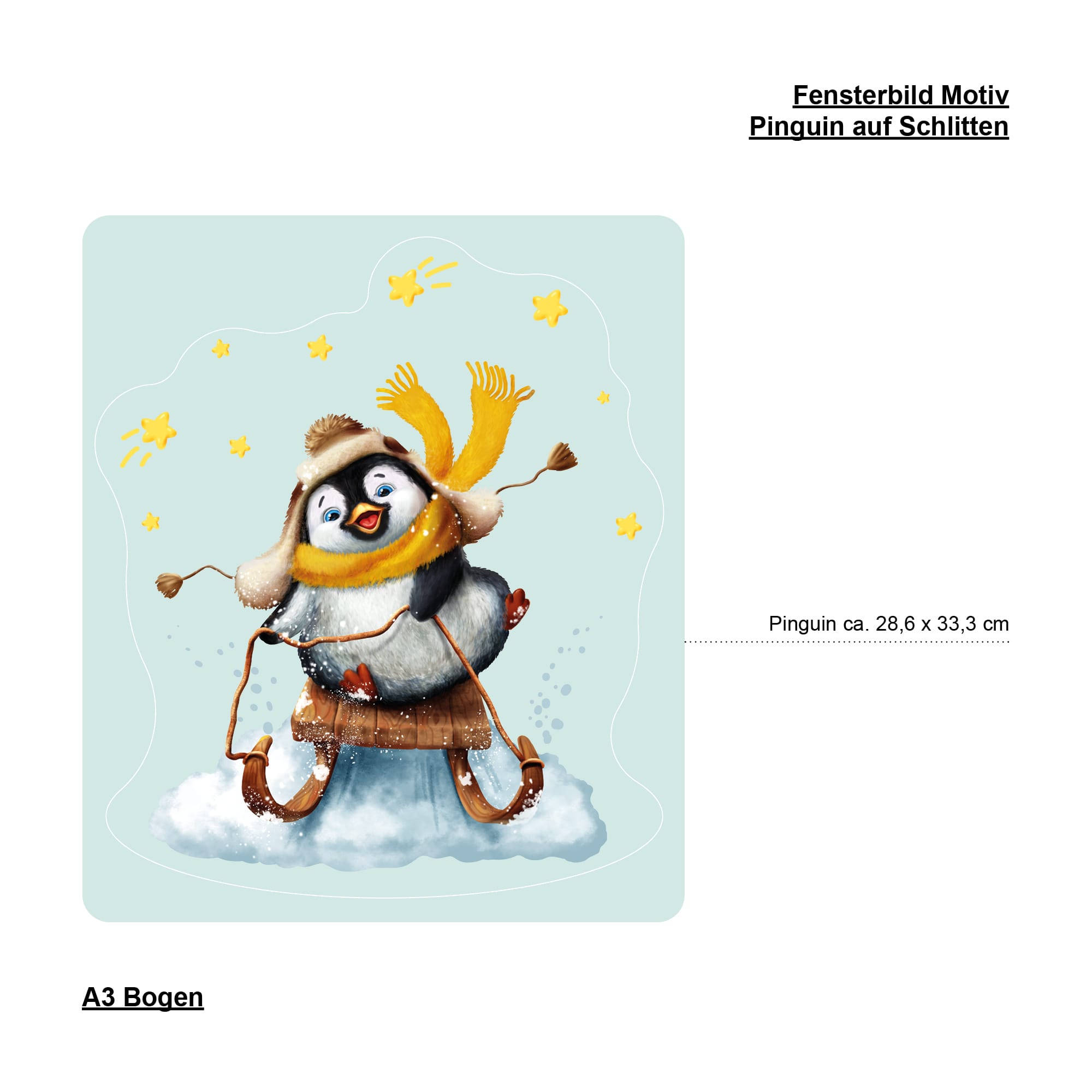 Auf dem Bild ist das Produkt: Fensterbild Weihnachten Winter Pinguin Schlitten Sterne Fensterdeko Kinder, Weihnachtsdekoration zum Preis von €13.90 abgebildet.