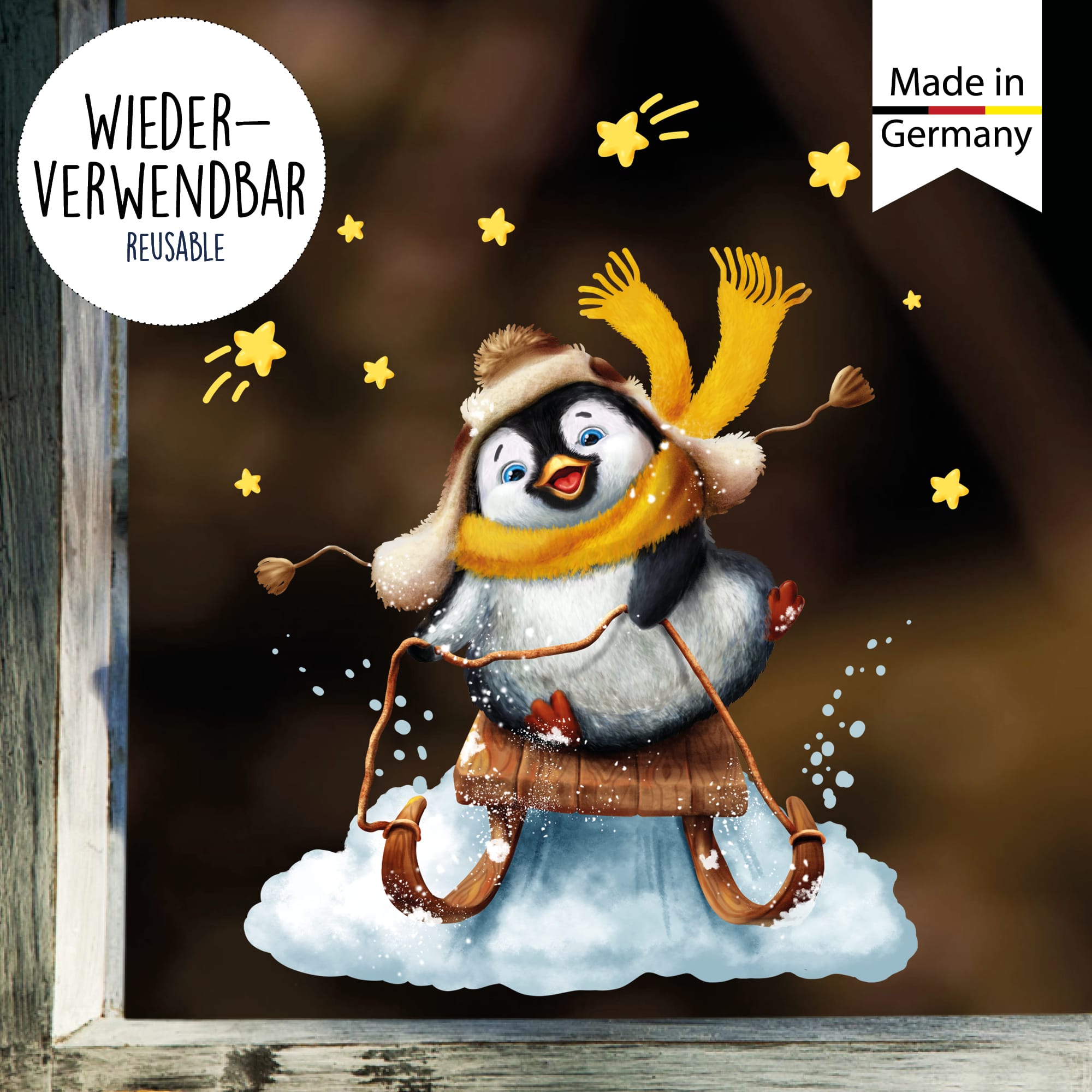 Auf dem Bild ist das Produkt: Fensterbild Weihnachten Winter Pinguin Schlitten Sterne Fensterdeko Kinder, Weihnachtsdekoration zum Preis von €13.90 abgebildet.