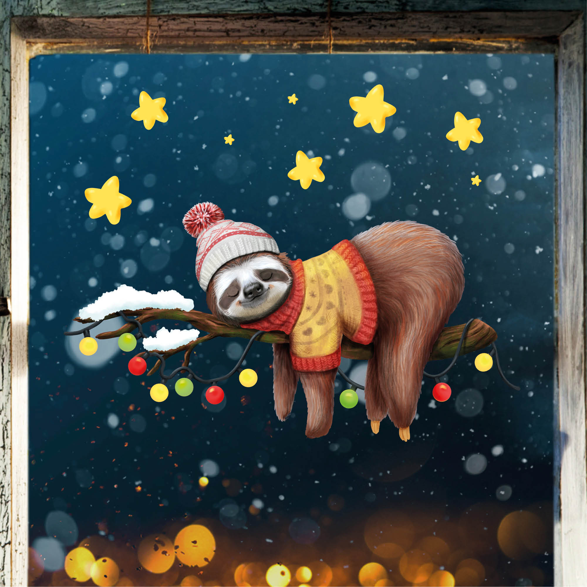 Fensterbild Weihnachten Winter Faultier auf Ast Mütze rosa Stern wiederverwendbarer Fensteraufkleber Fensterdeko