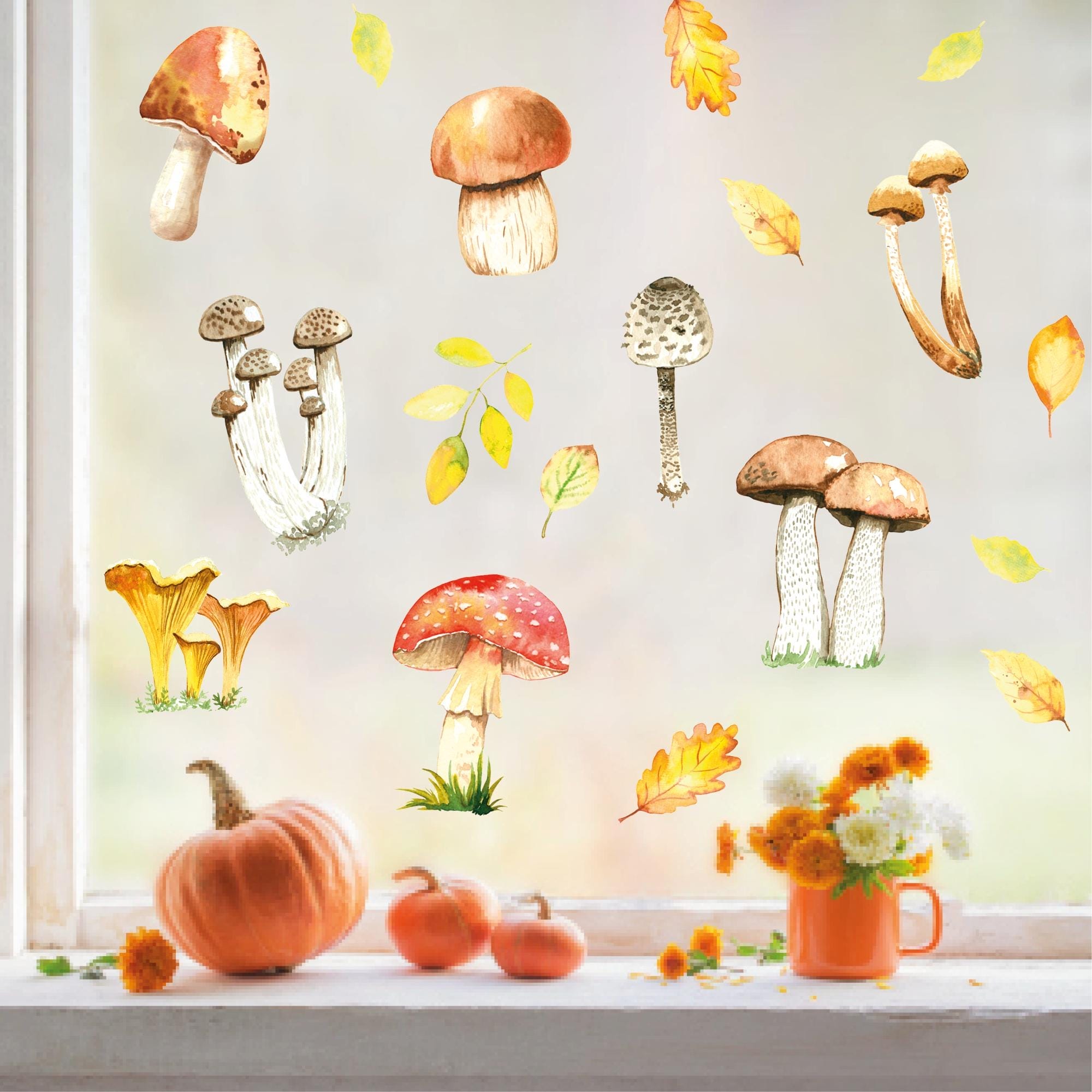 Fensterbild Herbst Pilze Herbstfrüchte Steinpilz Fliegenpilz Pfifferlinge Schwammerl bunt wiederverwendbare Fensteraufkleber Küche Eingang
