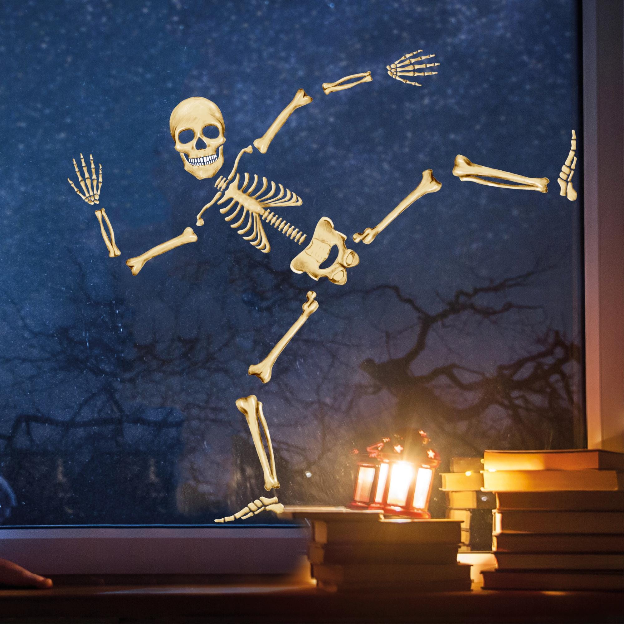 Fensterbild Halloween Skelett farbig Silhouette Knochen Fensterdeko Kinderzimmer Wohnzimmer Fensterfolie Fensterdekoration