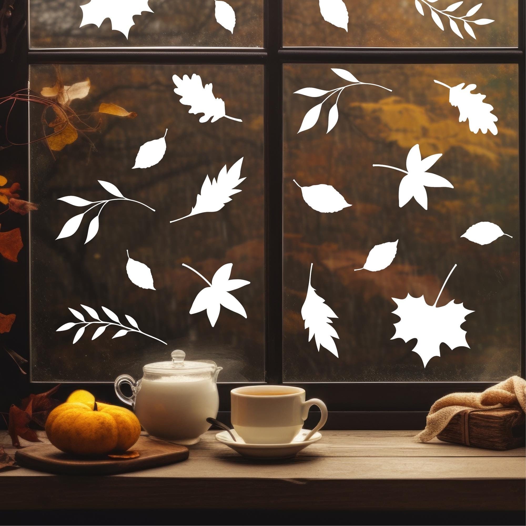 Fensterbild Herbst Blätter Herbstblätter schwarz weiß wiederverwendbare Fensteraufkleber Wohnzimmer Küche Kind
