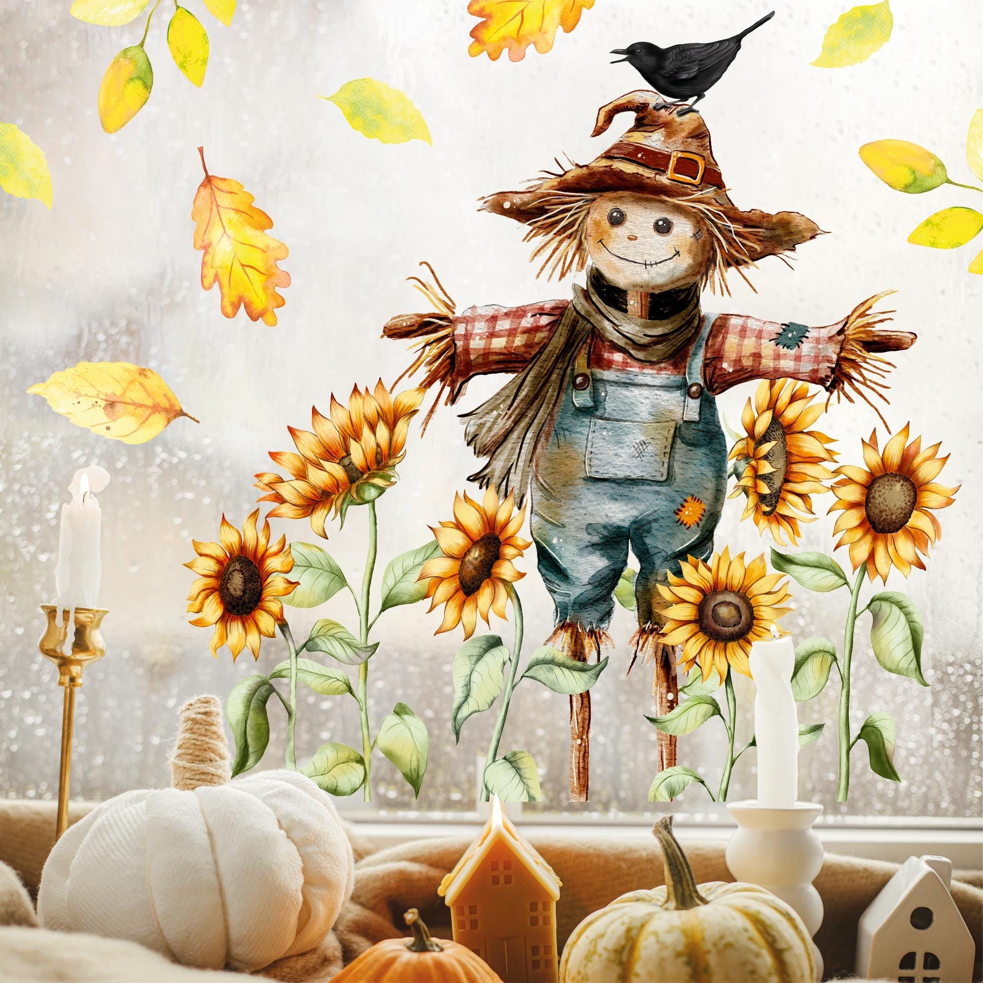 Fensterbild Herbst Vogelscheuche mit Sonnenblumen und Blättern Rabe herbstlicher Fensteraufkleber Fensterdeko Eingang Küche Erntedankfest