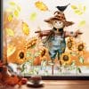 Auf dem Bild ist das Produkt: Fensterbild Herbst Vogelscheuche mit Sonnenblumen und Blättern Rabe herbstlicher Fensteraufkleber Fensterdeko Eingang Küche Erntedankfest zum Preis von €13.9 abgebildet.