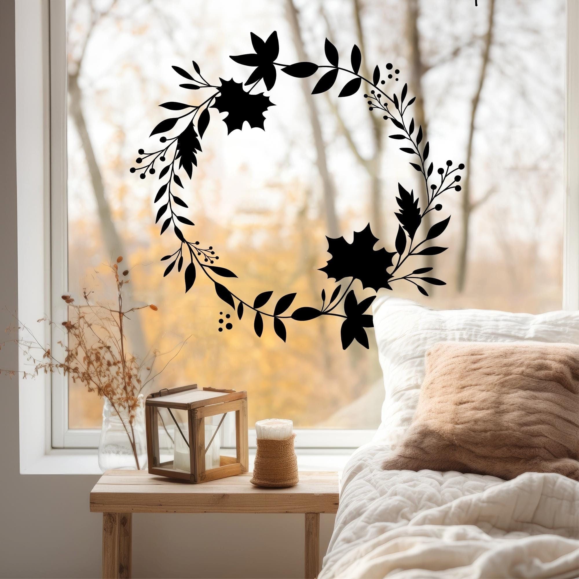 Fensterbild Herbst Blätterkranz Blätter schwarz weiß Herbstlicher Fensteraufkleber Fensterdeko wiederverwendbare Fensteraufkleber Wohnzimmer