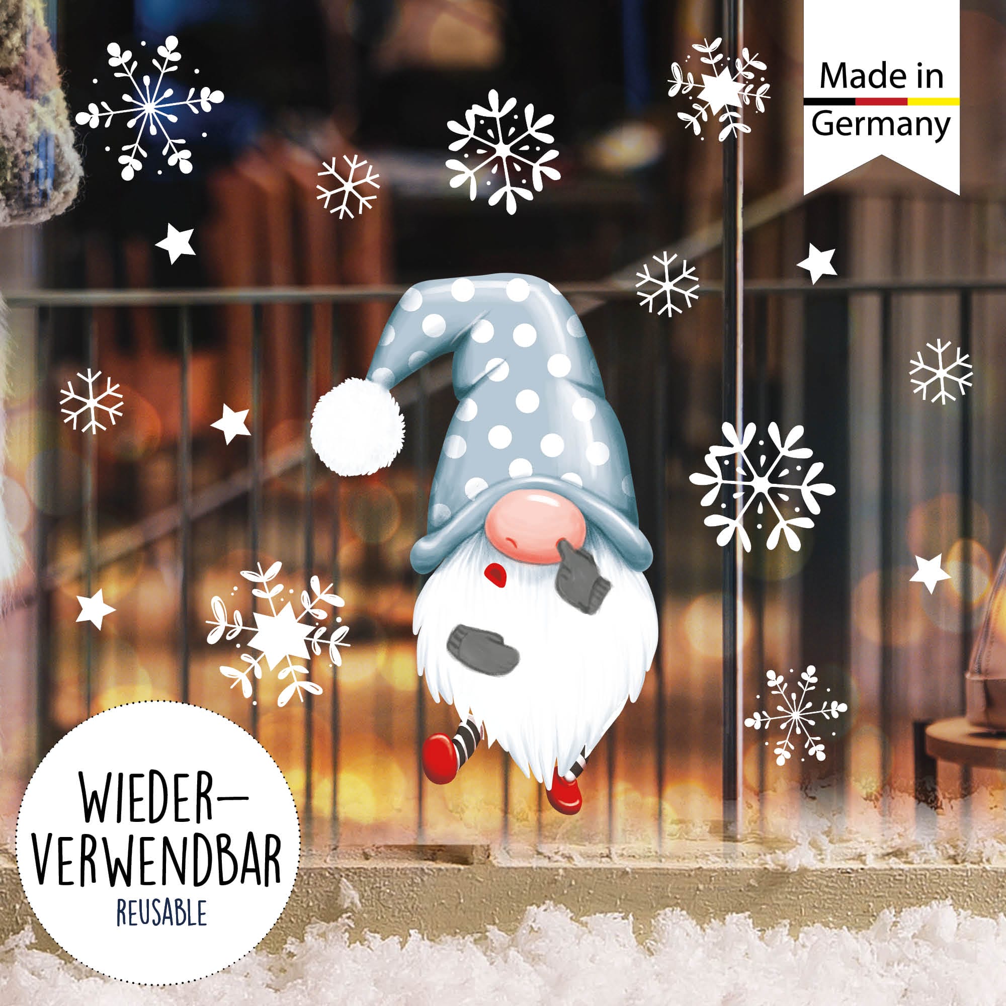 Auf dem Bild ist das Produkt: Fensterbild Weihnachten Winter einzelne Zwerge Wichtel und Schneeflocken Fensteraufkleber zum Preis von €13.90 abgebildet.