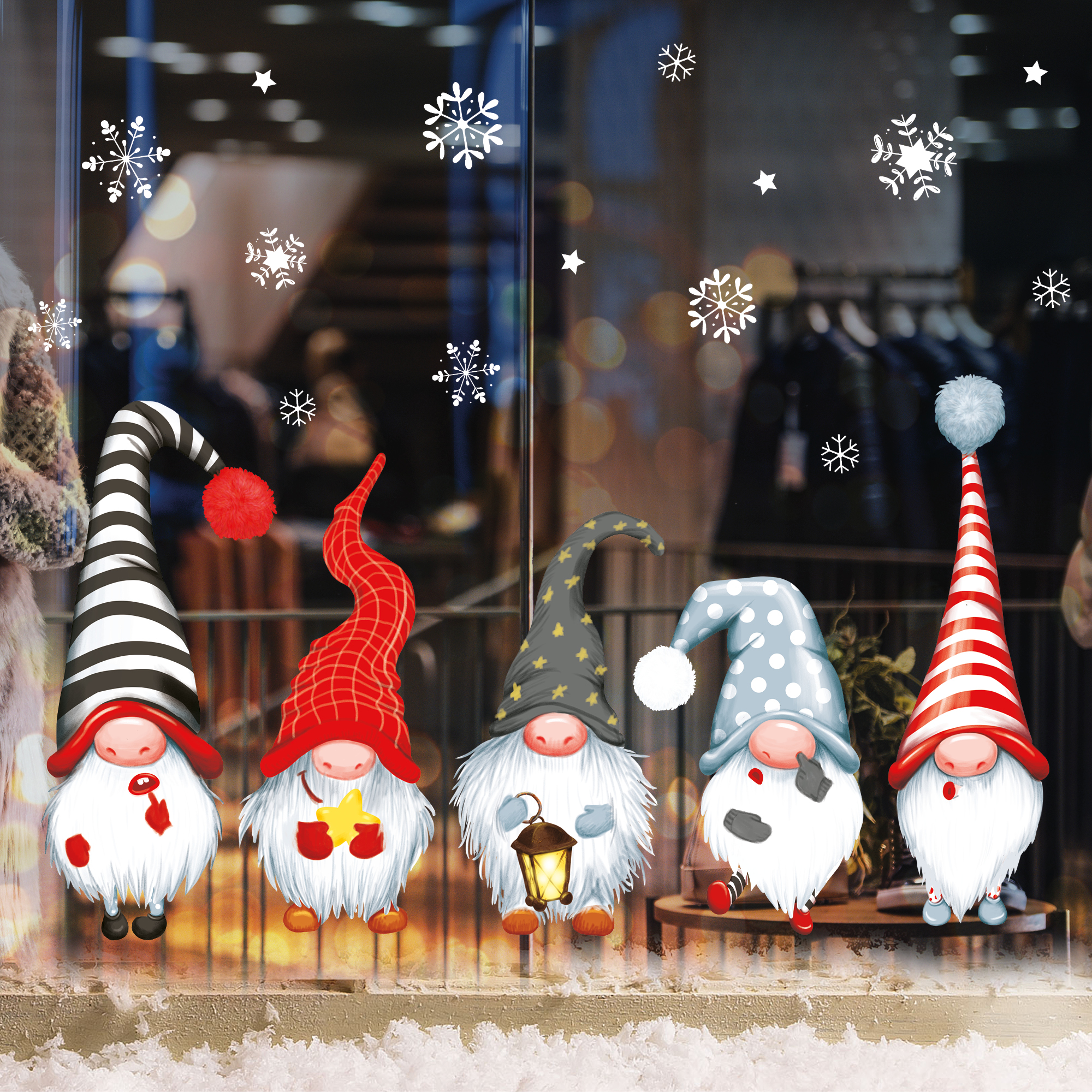 Fensterbild Weihnachten Winter einzelne Zwerge Wichtel und Schneeflocken Fensteraufkleber