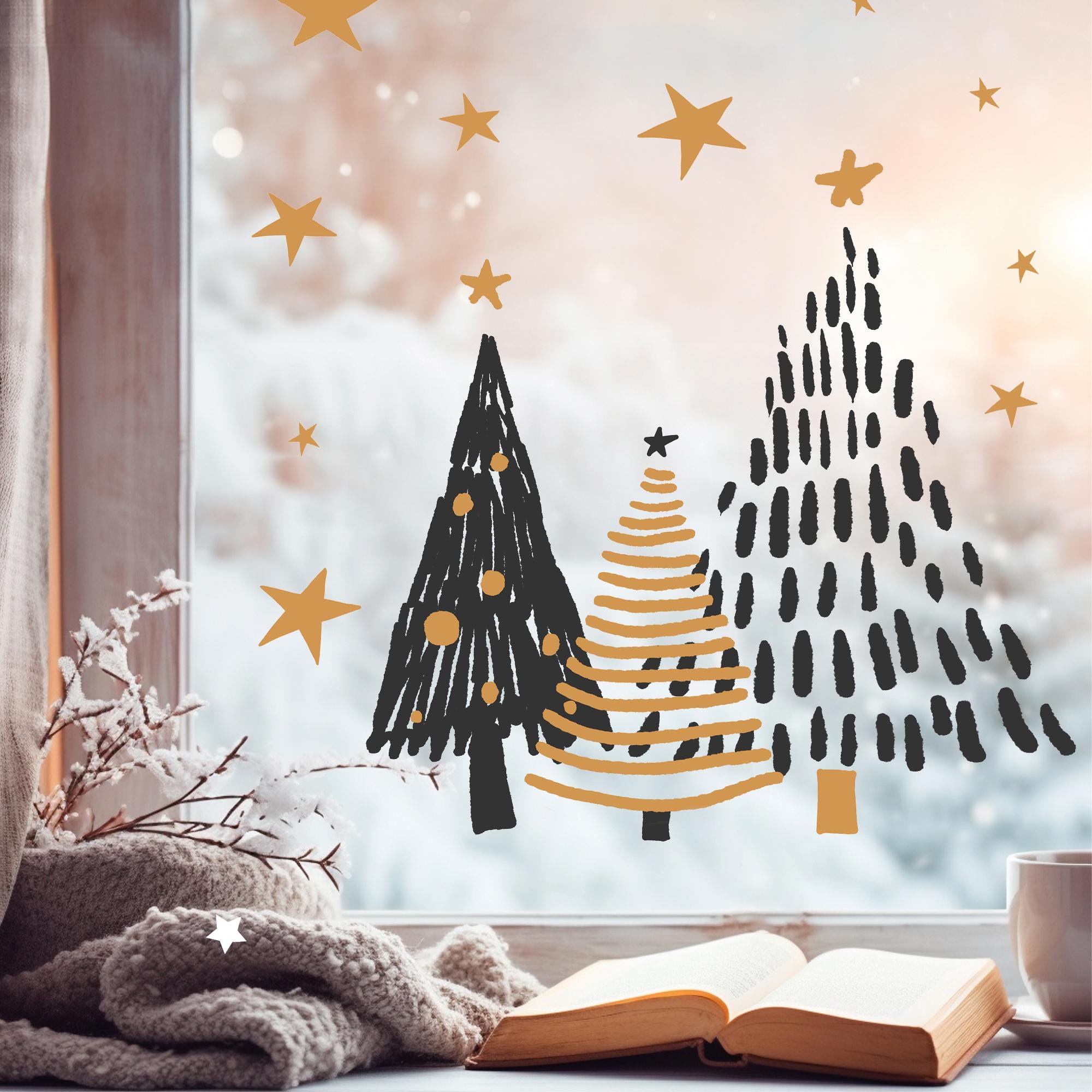Fensterbild Weihnachten Tannenbäume Set mit Sterne grün weiß gold minimalistisch Fensteraufkleber Weihnachtsdekoration wiederverwendbar