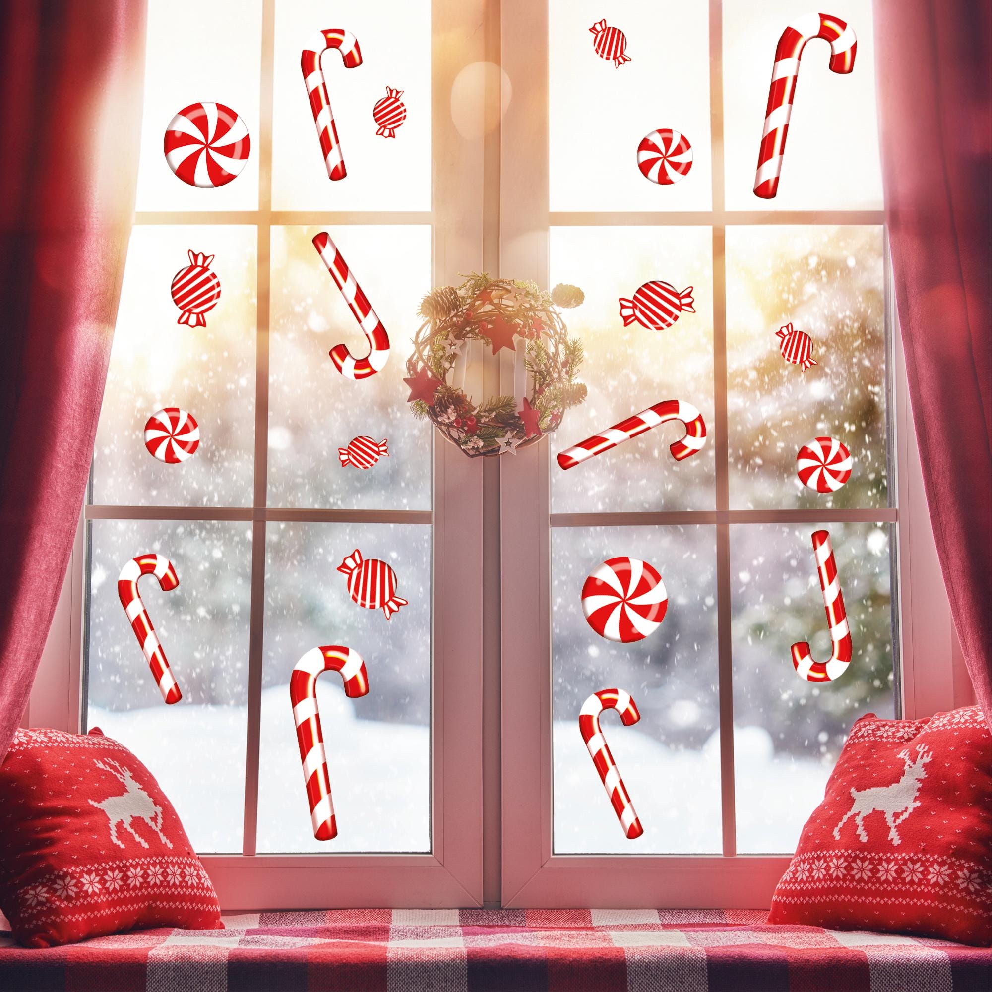 Fensterbild Weihnachten Zuckerstangen Set Bonbons rot weiß Fensteraufkleber Weihnachtsdekoration wiederverwendbar