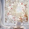 Auf dem Bild ist das Produkt: Wiederverwendbar Fensterbild Mistelzweig weiß Kranz Mistelzweigen rote Früchte Schneeflocken wiederverwendbar Frohe Weihnachten Christmas zum Preis von €13.9 abgebildet.