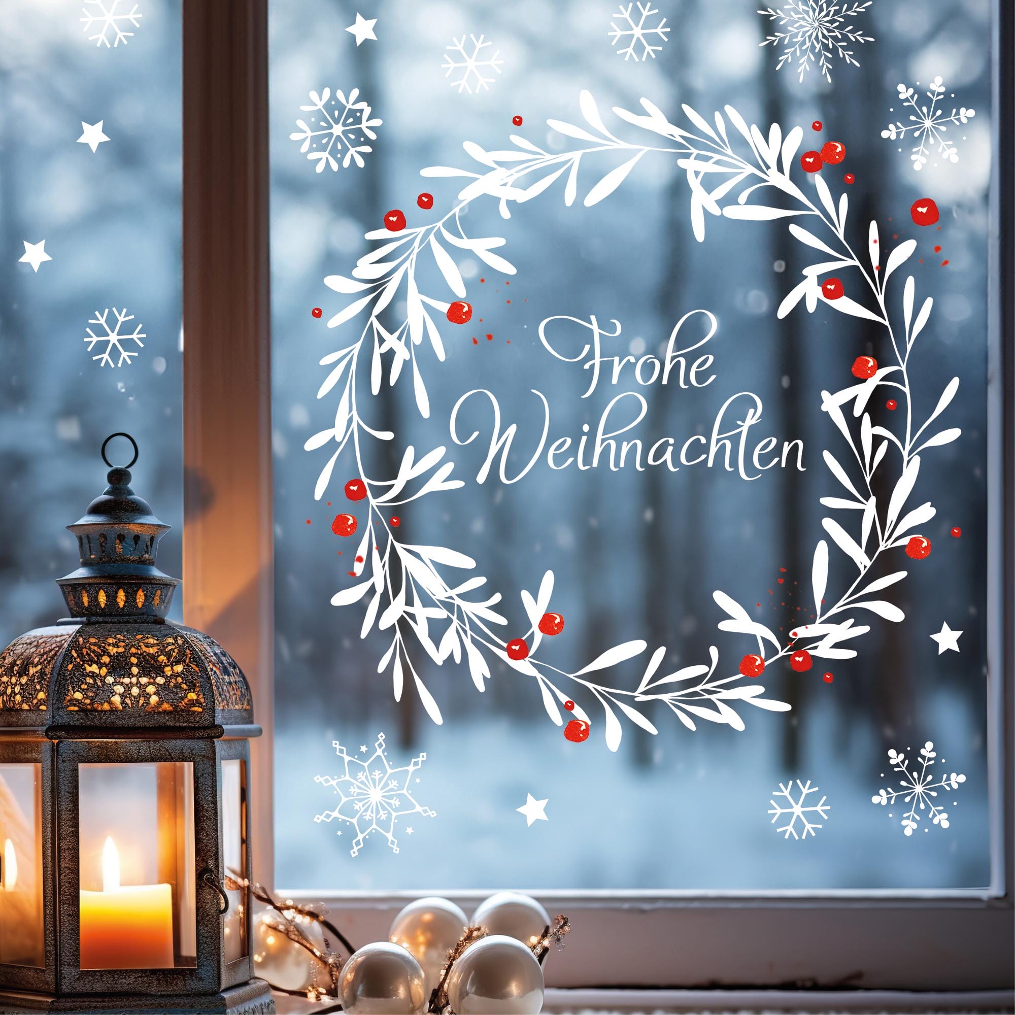 Wiederverwendbar Fensterbild Mistelzweig weiß Kranz Mistelzweigen rote Früchte Schneeflocken wiederverwendbar Frohe Weihnachten Christmas
