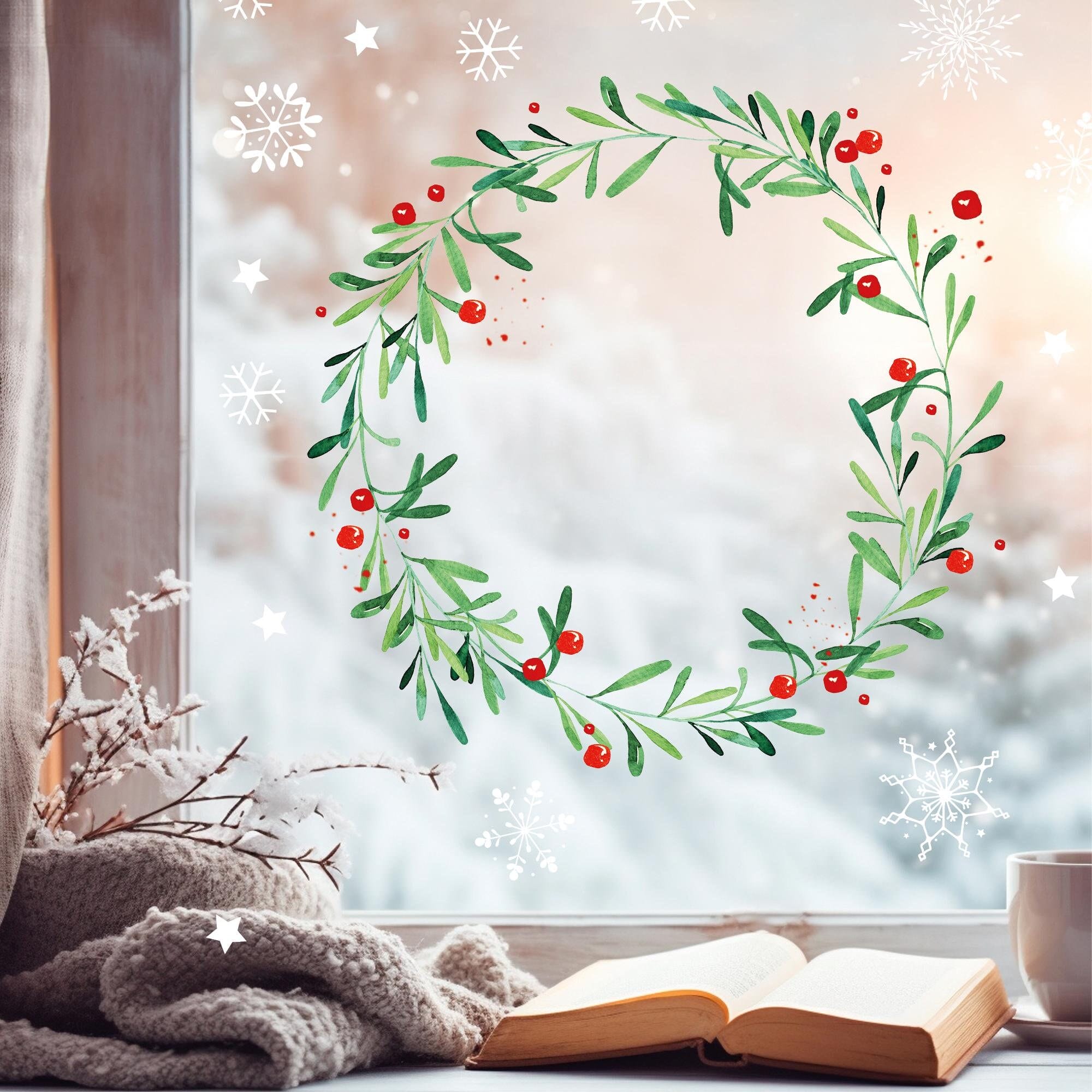 Wiederverwendbar Fensterbild Mistelzweig grün Kranz aus Mistelzweigen rote Früchte Schneeflocken wiederverwendbar Weihnachten Christmas
