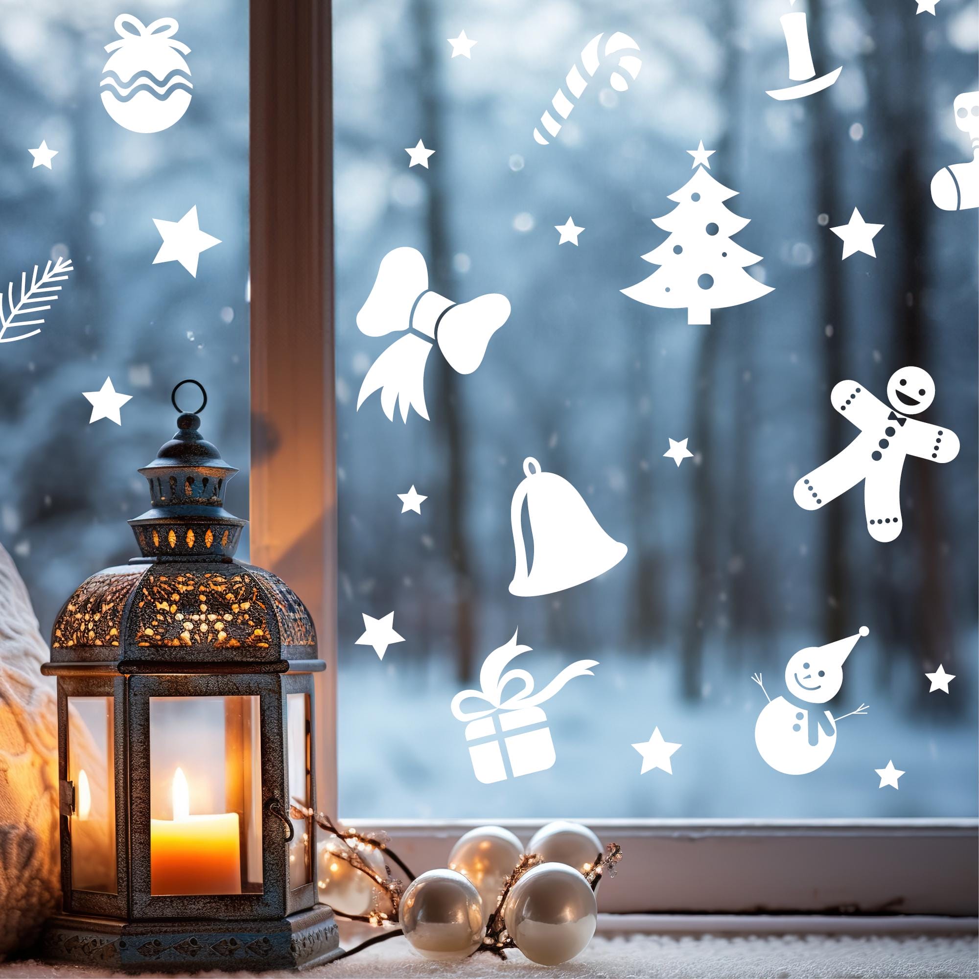 Fensterbild Weihnachtsset Lebkuchenmann Zuckerstange Glocke Schleife Stiefel Kerze Schneemann weiß Weihnachtsdekoration wiederverwendbar
