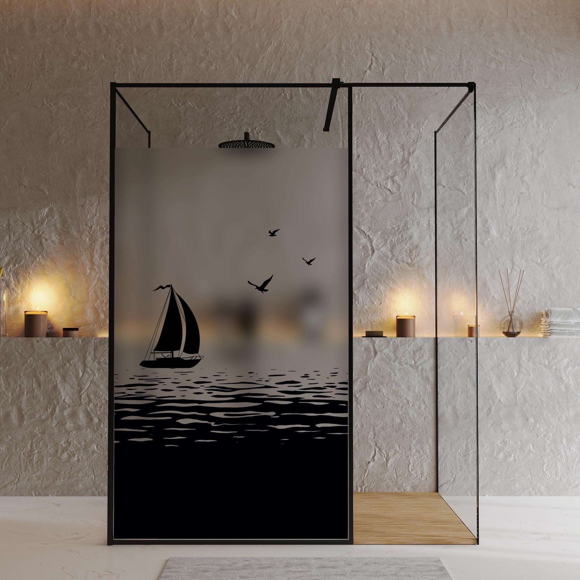 Sichtschutzfolie Duschkabine Segelboot Meer Möwen maritime Fensterfolie Dusche Duschglastür Duschwand schwarz oder weiß Milchglasfolie