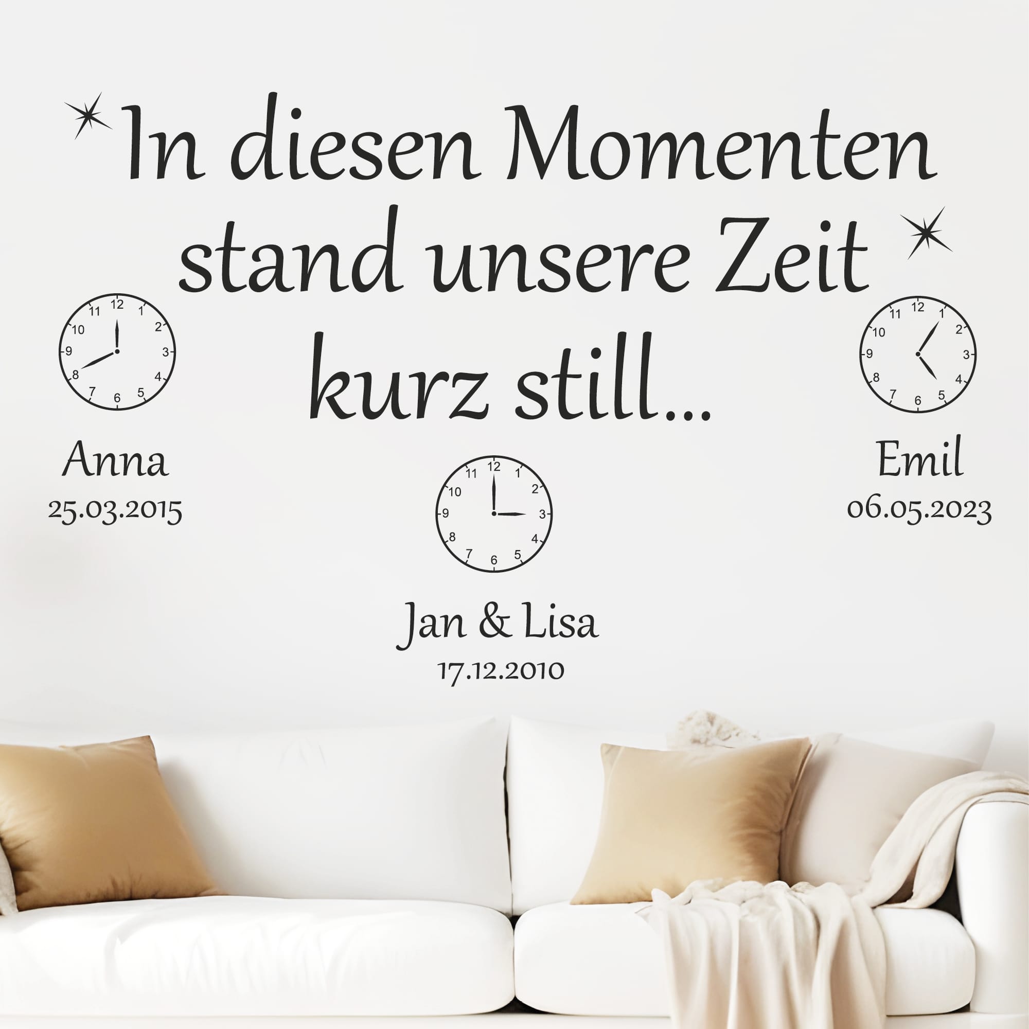 Auf dem Bild ist das Produkt: Wandtattoo In diesen Momenten stand unsere Zeit kurz still personalisiert Namen Datum Familientattoo Wandsticker Erinnerungen zum Preis von €25.90 abgebildet.
