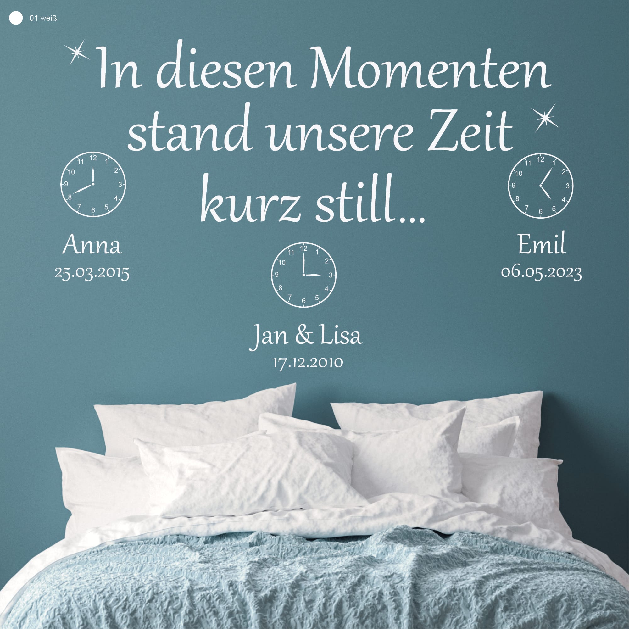 Auf dem Bild ist das Produkt: Wandtattoo In diesen Momenten stand unsere Zeit kurz still personalisiert Namen Datum Familientattoo Wandsticker Erinnerungen zum Preis von €25.90 abgebildet.