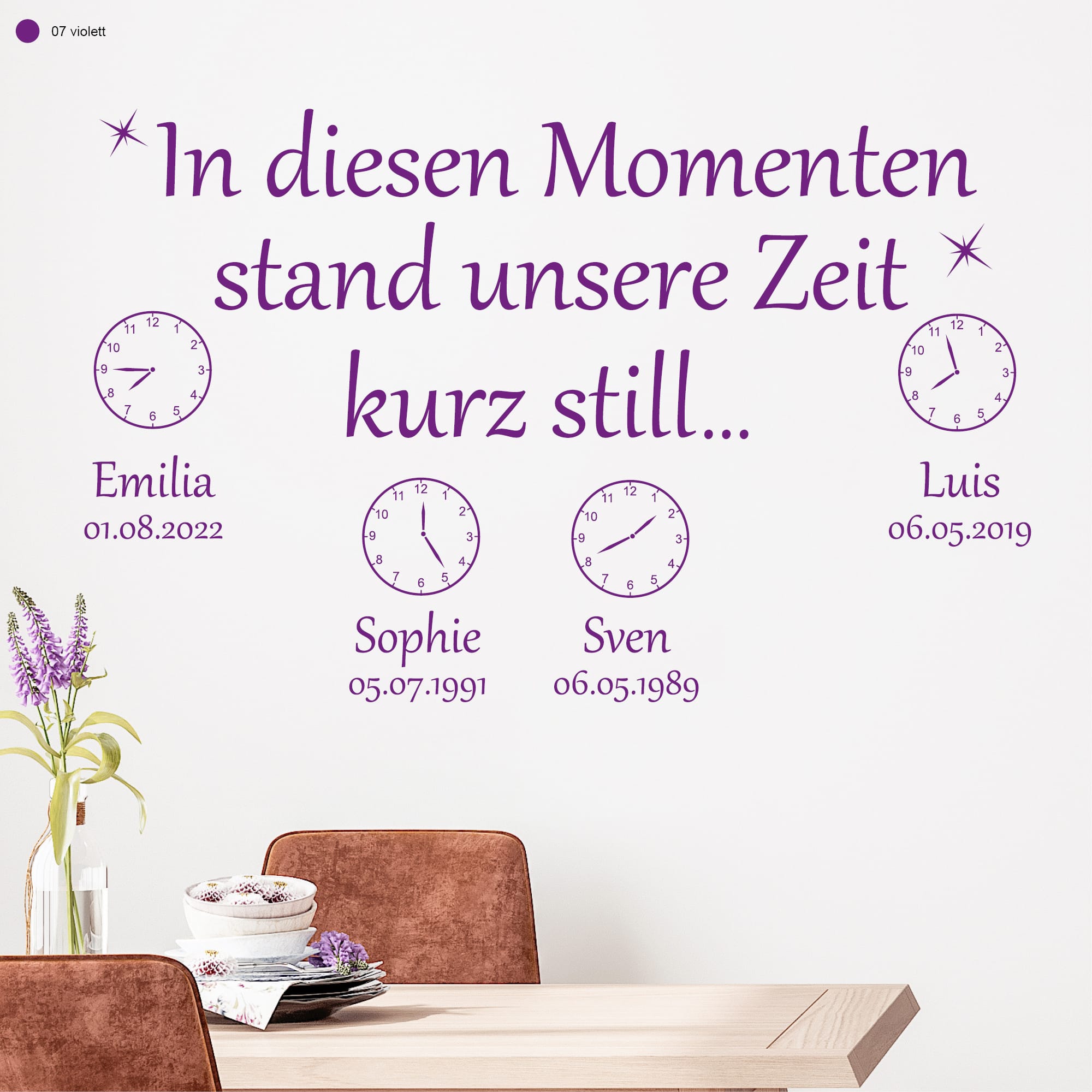 Auf dem Bild ist das Produkt: Wandtattoo In diesen Momenten stand unsere Zeit kurz still personalisiert Namen Datum Familientattoo Wandsticker Erinnerungen zum Preis von €25.90 abgebildet.