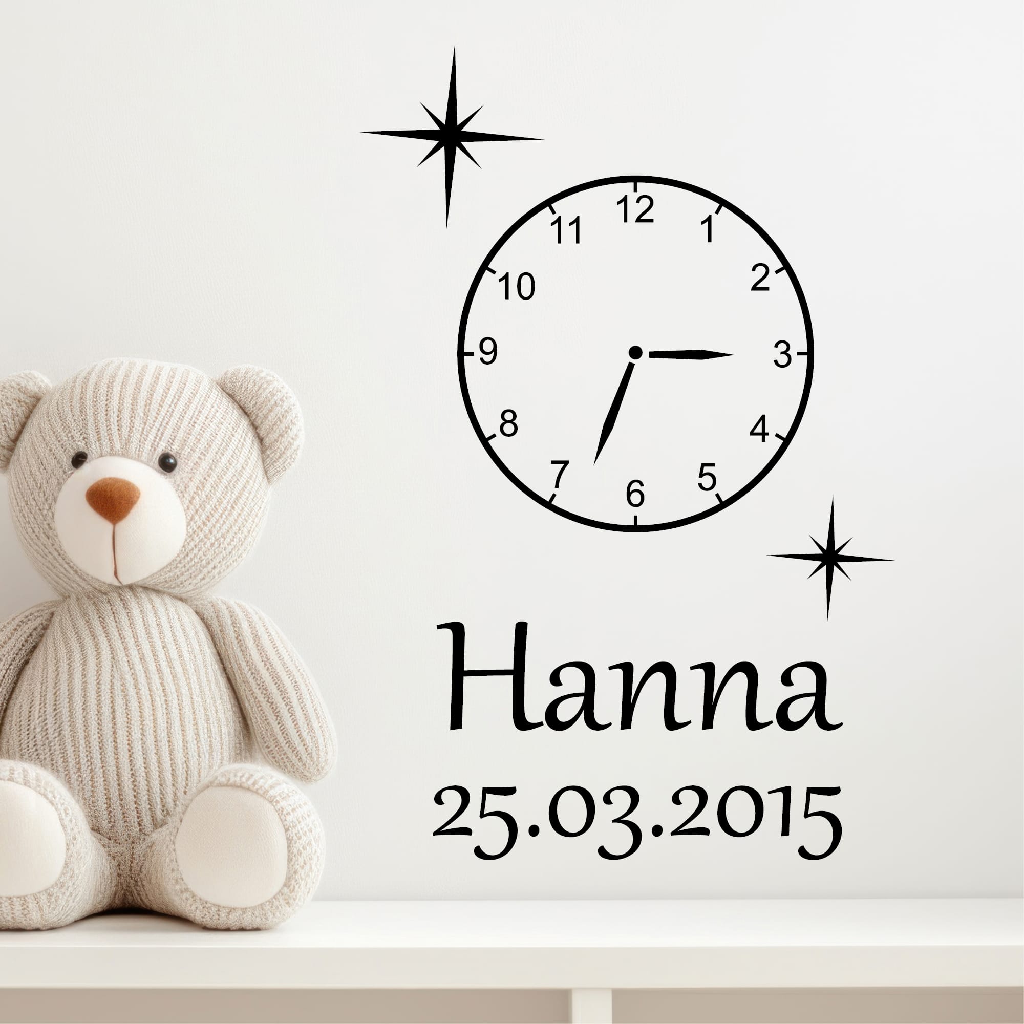 Auf dem Bild ist das Produkt: Wandtattoo Ergänzung Uhr In diesen Momenten stand unsere Zeit kurz still personalisiert Namen Datum Familientattoo Wandsticker Erinnerungen zum Preis von €11.90 abgebildet.