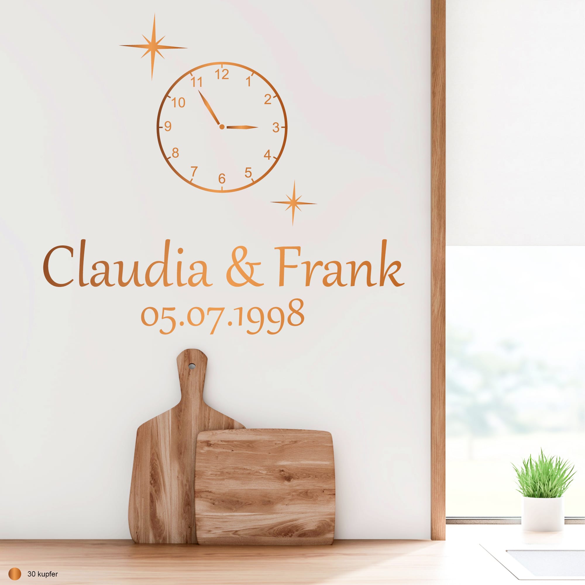 Auf dem Bild ist das Produkt: Wandtattoo Ergänzung Uhr In diesen Momenten stand unsere Zeit kurz still personalisiert Namen Datum Familientattoo Wandsticker Erinnerungen zum Preis von €11.90 abgebildet.