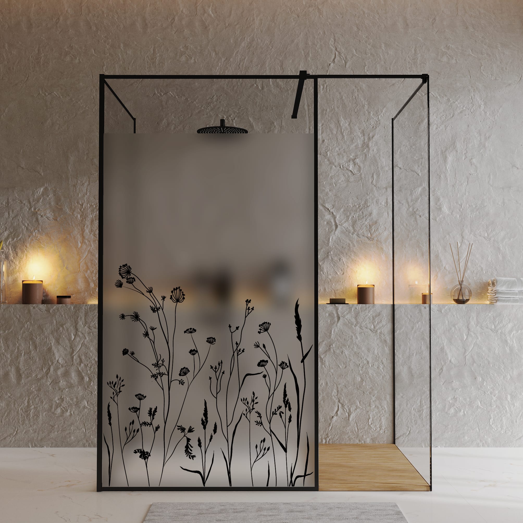 Auf dem Bild ist das Produkt: Sichtschutzfolie Duschkabine Gräser Schmetterlinge Wiese Blumen Fensterfolie Dusche Duschglastür Duschwand schwarz oder weiß Milchglasfolie zum Preis von €23.9 abgebildet.