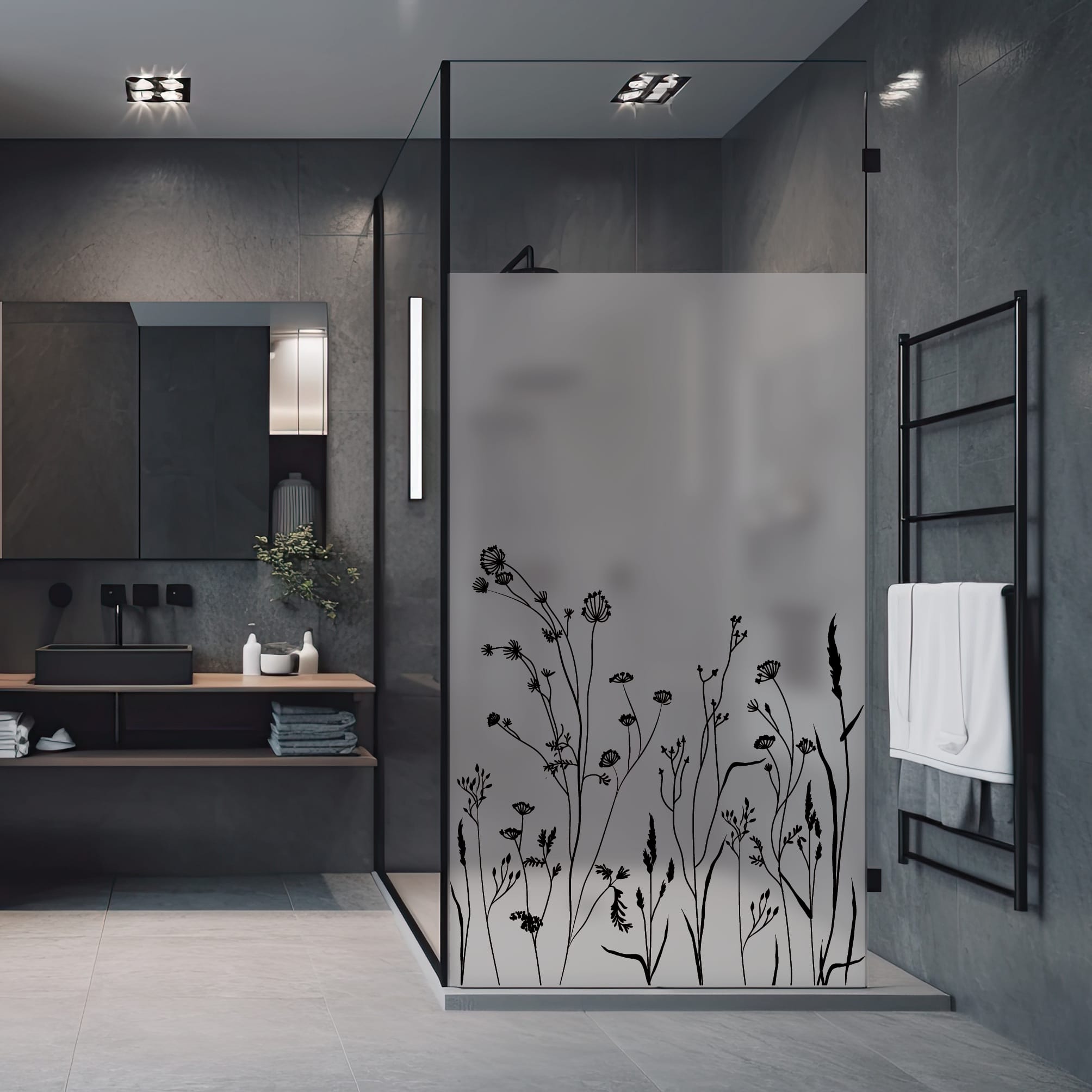 Auf dem Bild ist das Produkt: Sichtschutzfolie Duschkabine Gräser Schmetterlinge Wiese Blumen Fensterfolie Dusche Duschglastür Duschwand schwarz oder weiß Milchglasfolie zum Preis von €23.9 abgebildet.