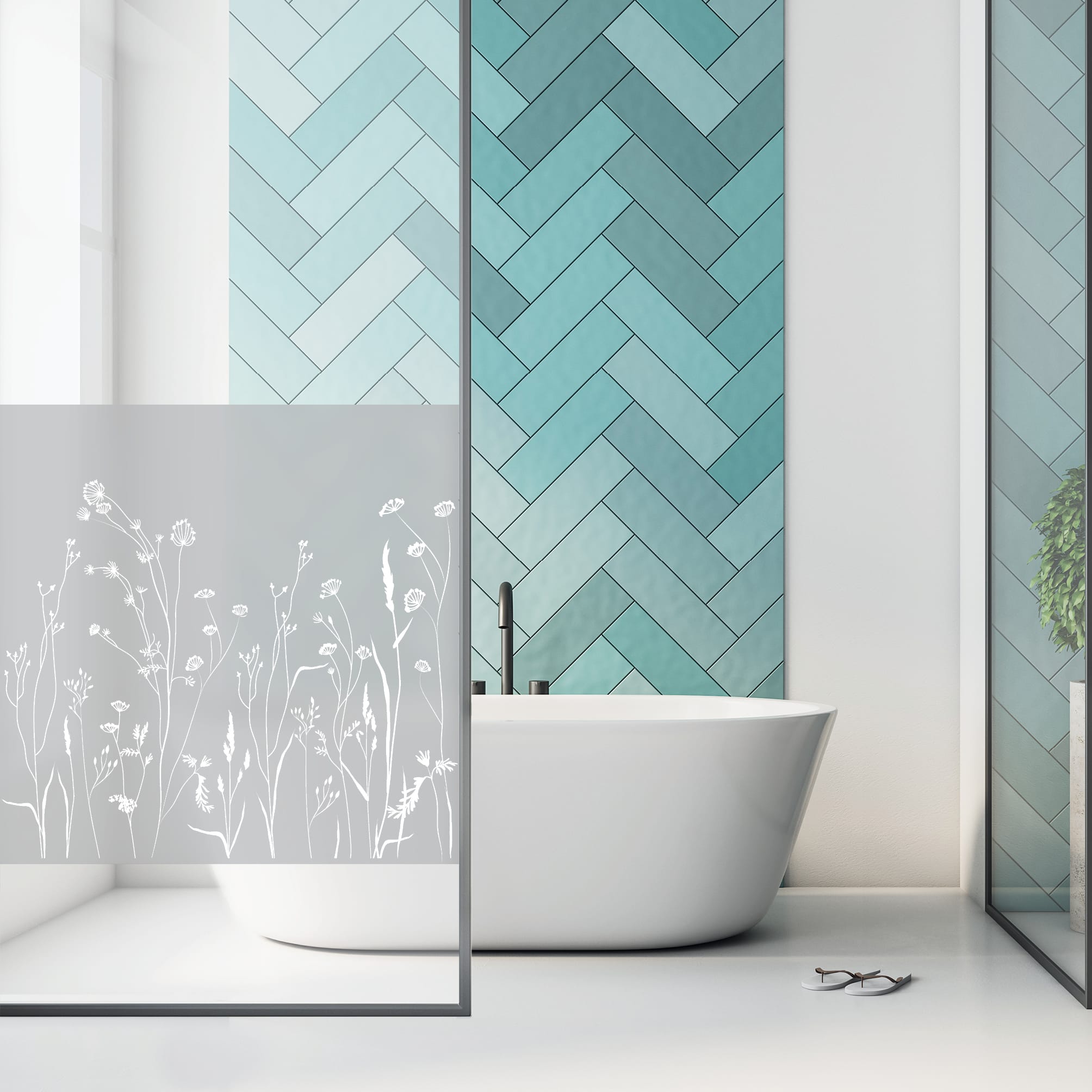Auf dem Bild ist das Produkt: Sichtschutzfolie Duschkabine Gräser Schmetterlinge Wiese Blumen Fensterfolie Dusche Duschglastür Duschwand schwarz oder weiß Milchglasfolie zum Preis von €23.9 abgebildet.