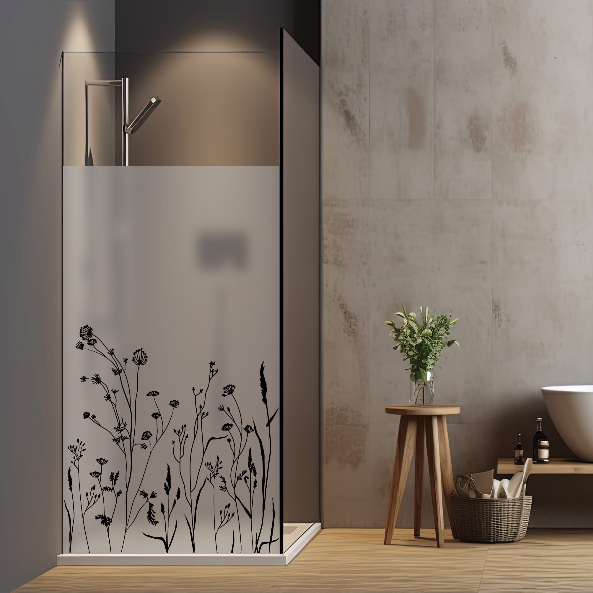 Sichtschutzfolie Duschkabine Gräser Schmetterlinge Wiese Blumen Fensterfolie Dusche Duschglastür Duschwand schwarz oder weiß Milchglasfolie