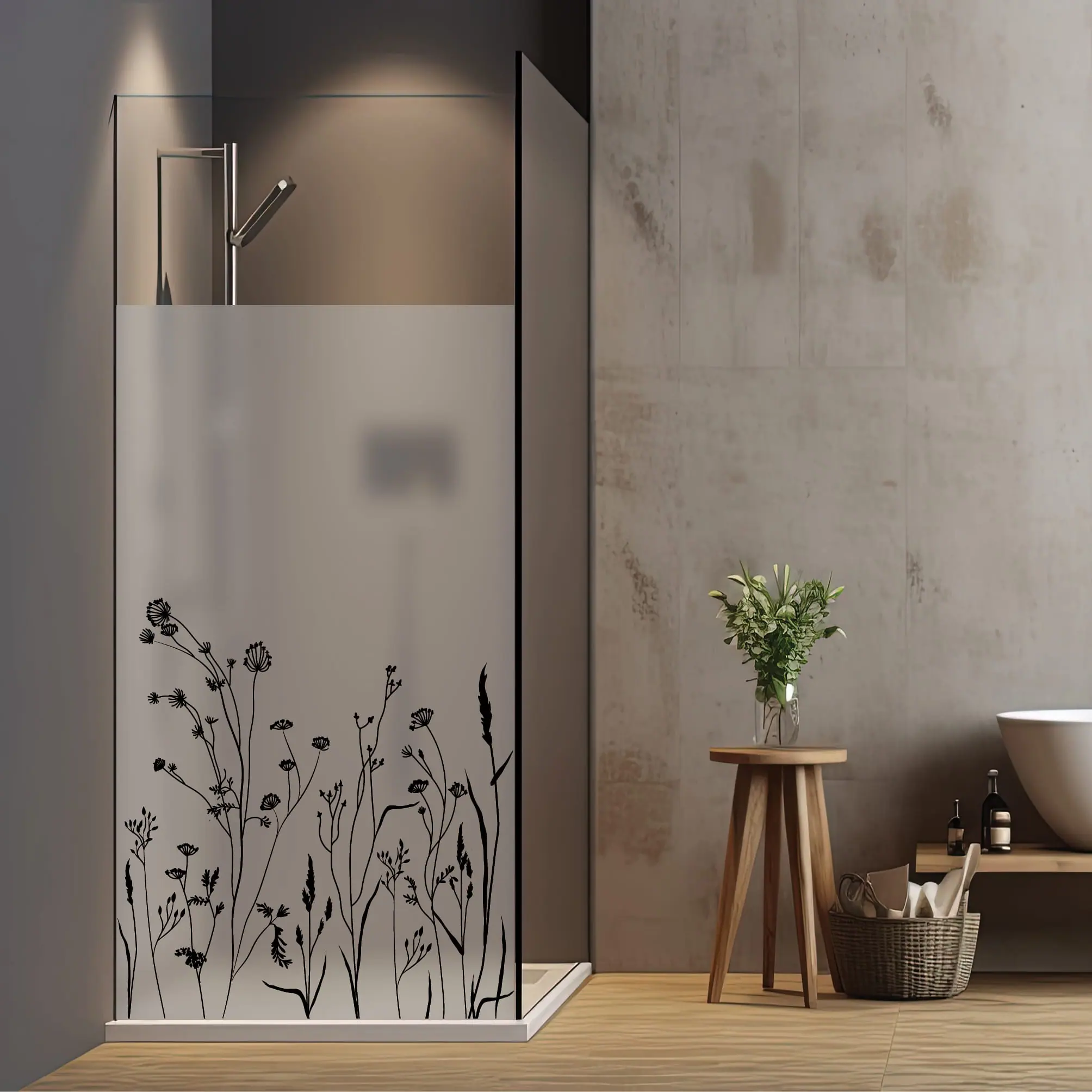Auf dem Bild ist das Produkt: Sichtschutzfolie Duschkabine Gräser Schmetterlinge Wiese Blumen Fensterfolie Dusche Duschglastür Duschwand schwarz oder weiß Milchglasfolie zum Preis von €23.9 abgebildet.