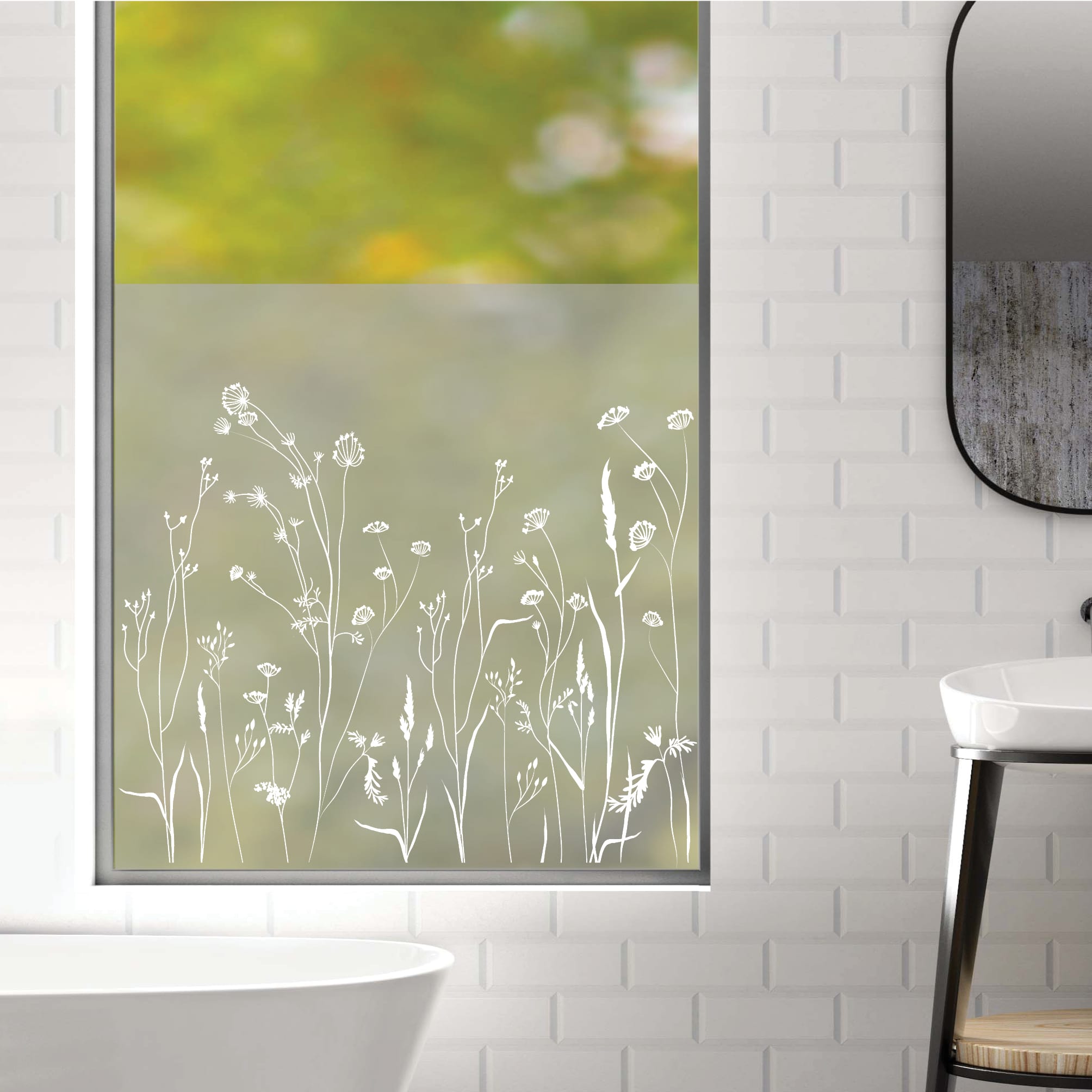 Auf dem Bild ist das Produkt: Sichtschutzfolie Duschkabine Gräser Schmetterlinge Wiese Blumen Fensterfolie Dusche Duschglastür Duschwand schwarz oder weiß Milchglasfolie zum Preis von €23.9 abgebildet.